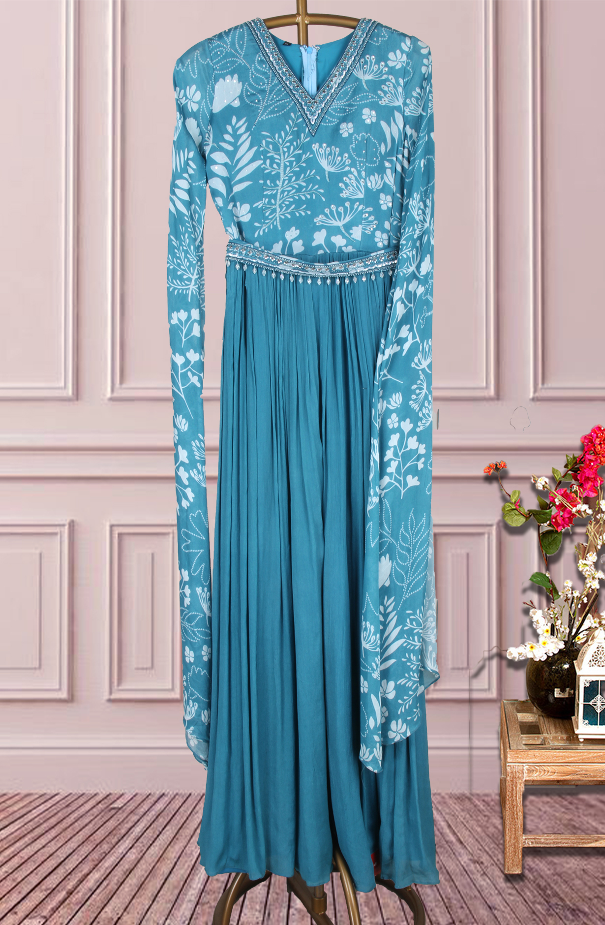 Firozi Chinon Cutdana and Sequins Work Floor Length Gown - 822-MT1034