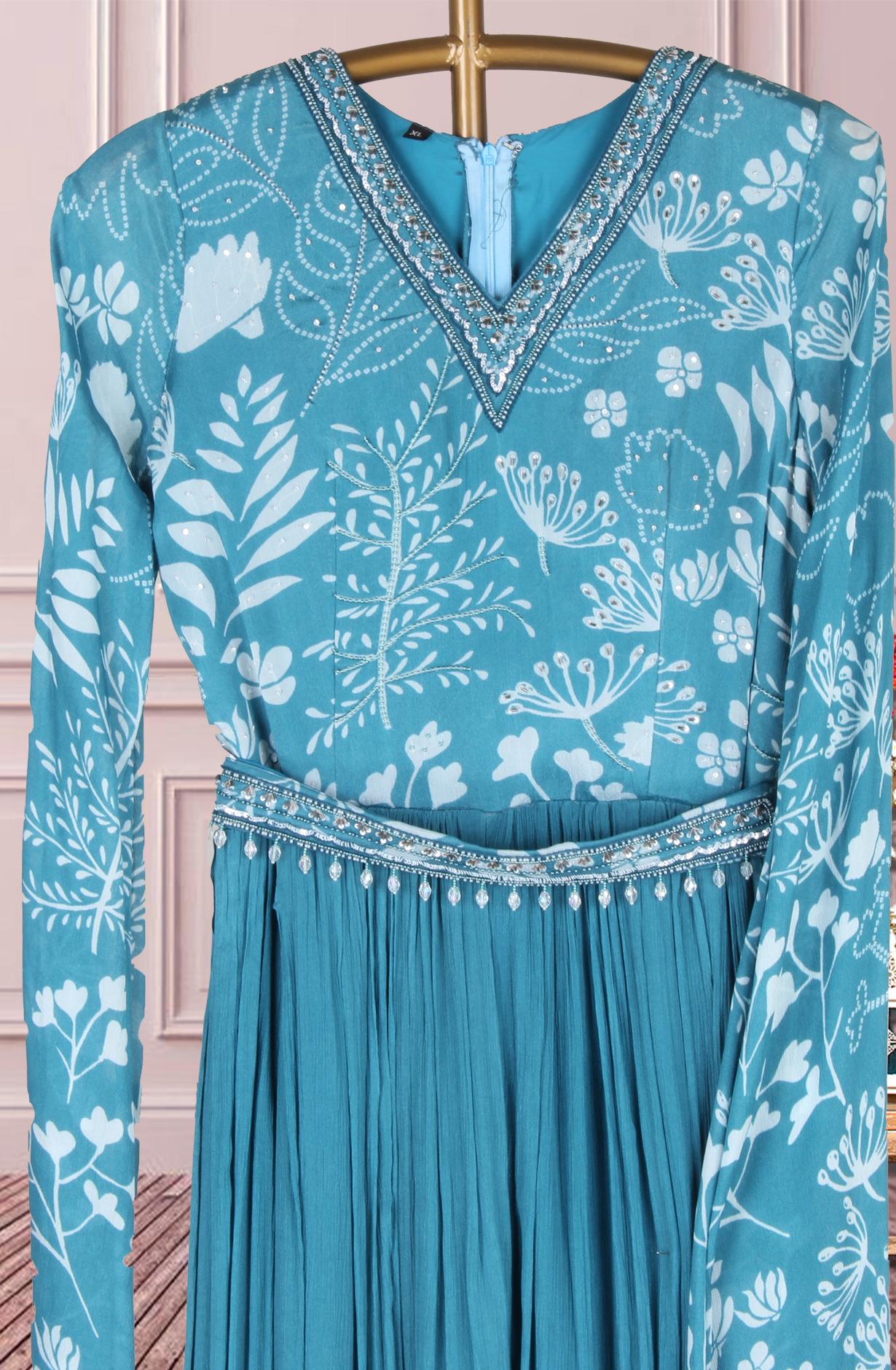 Firozi Chinon Cutdana and Sequins Work Floor Length Gown - 822-MT1034