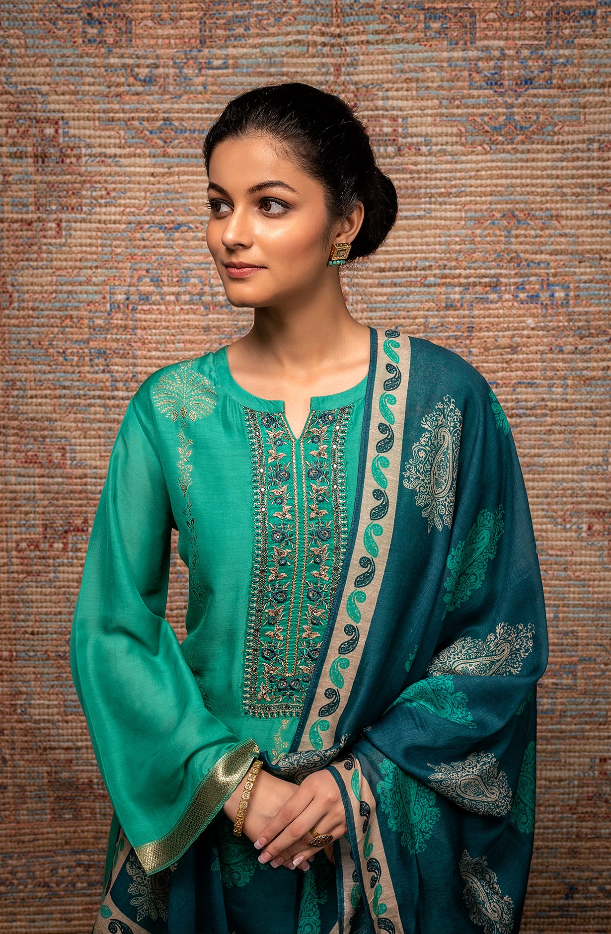 Firozi Chanderi Silk Banarasi Zari Weaving Salwar Kameez - AAY9181