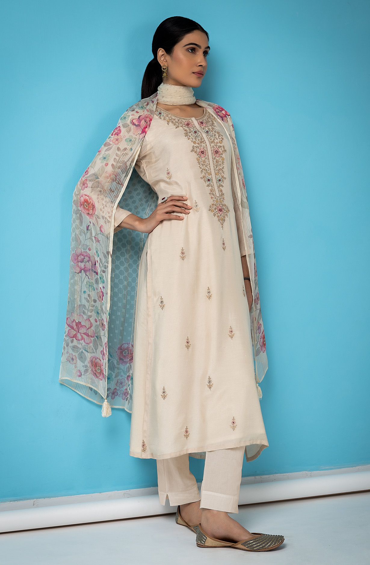 Beige Designer Muslin Salwar Suit with Chiffon Dupatta - R157-SPR1483