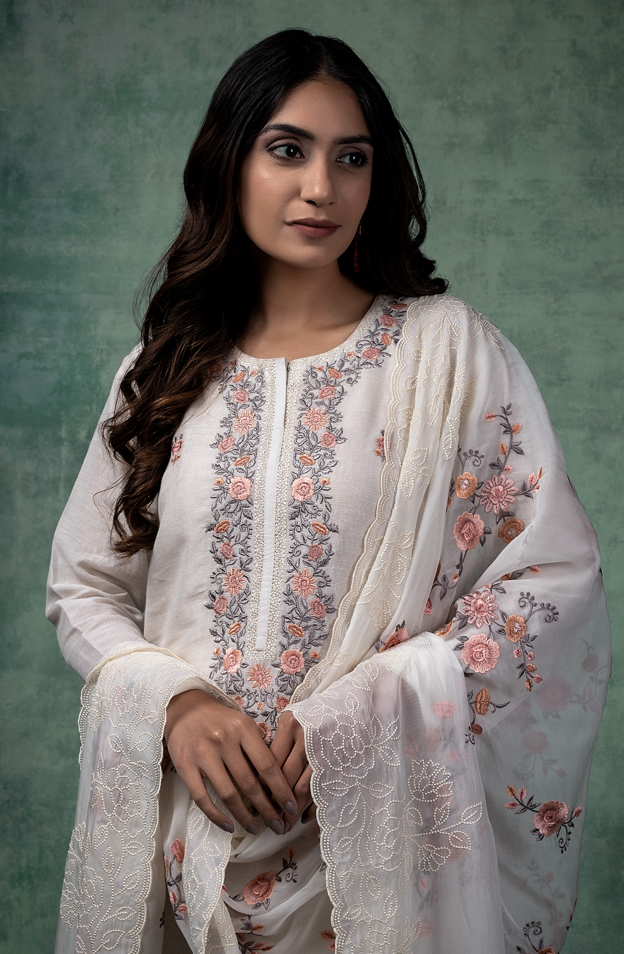 Off-White Linen Beautiful Embroidered Salwar Kameez with Organza Dupatta - R157-SPR1450B
