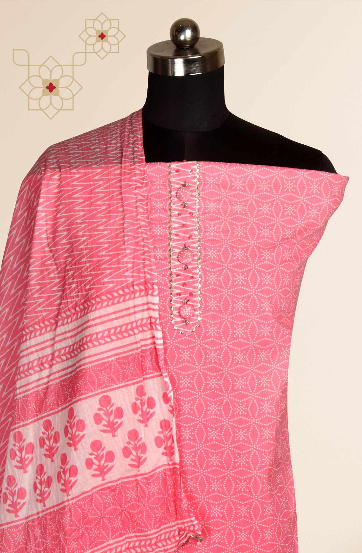 Pink Cotton Printed Salwar Suit with Dupatta - 983-4406