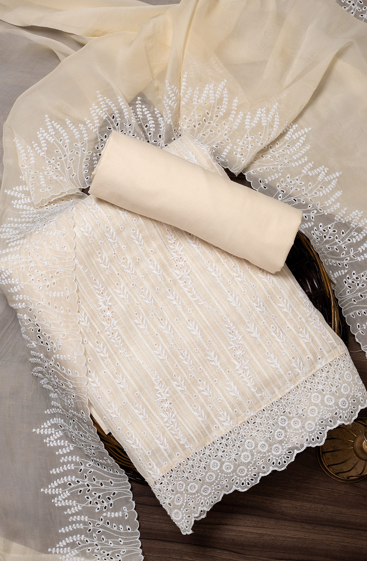 Fawn Linen Beautiful Embroidered Suit with Organza Dupatta - VAR1201C