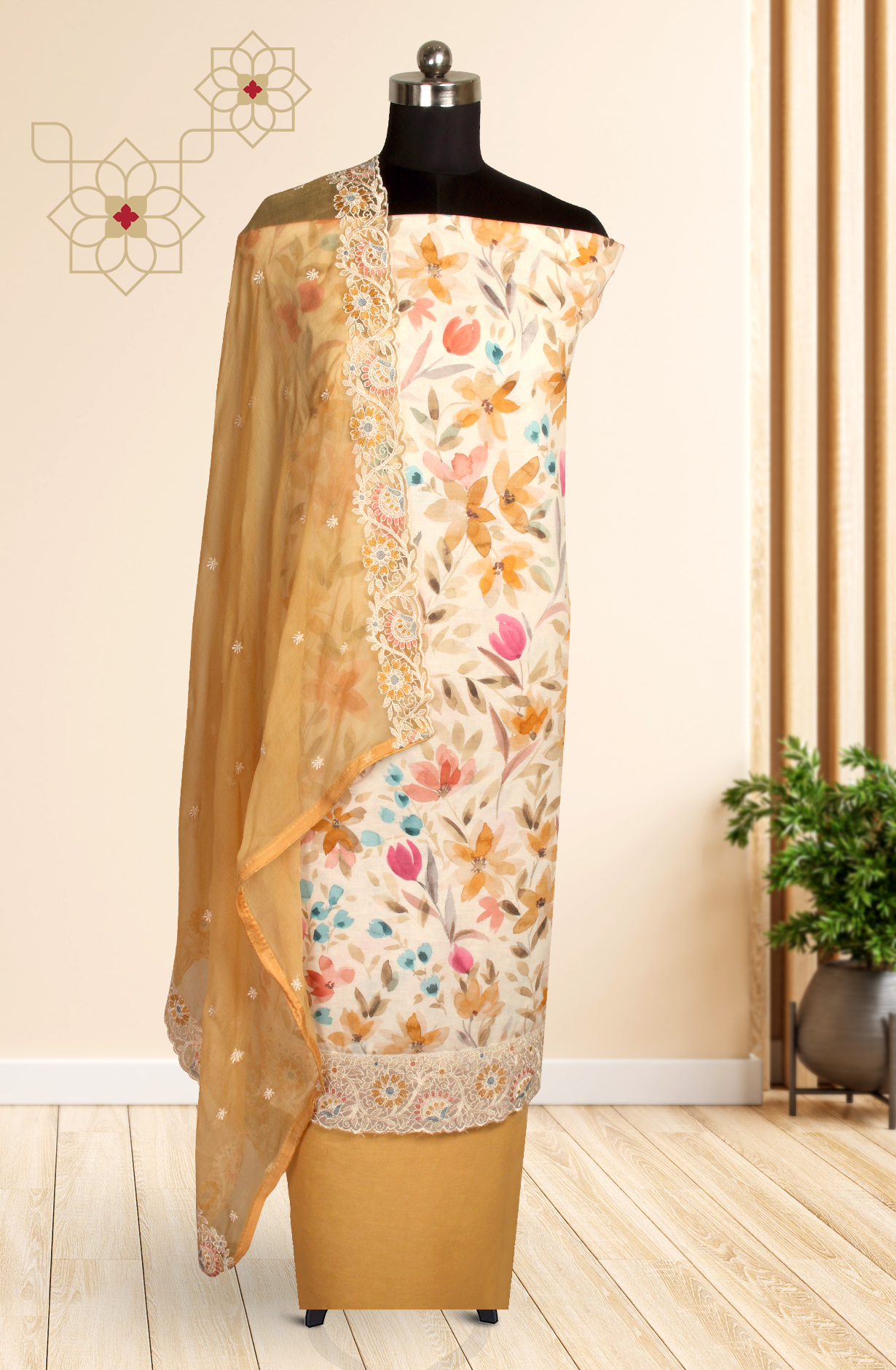 Multi-coloured Modal Digital Printed Suit with Chiffon Dupatta - 838-117