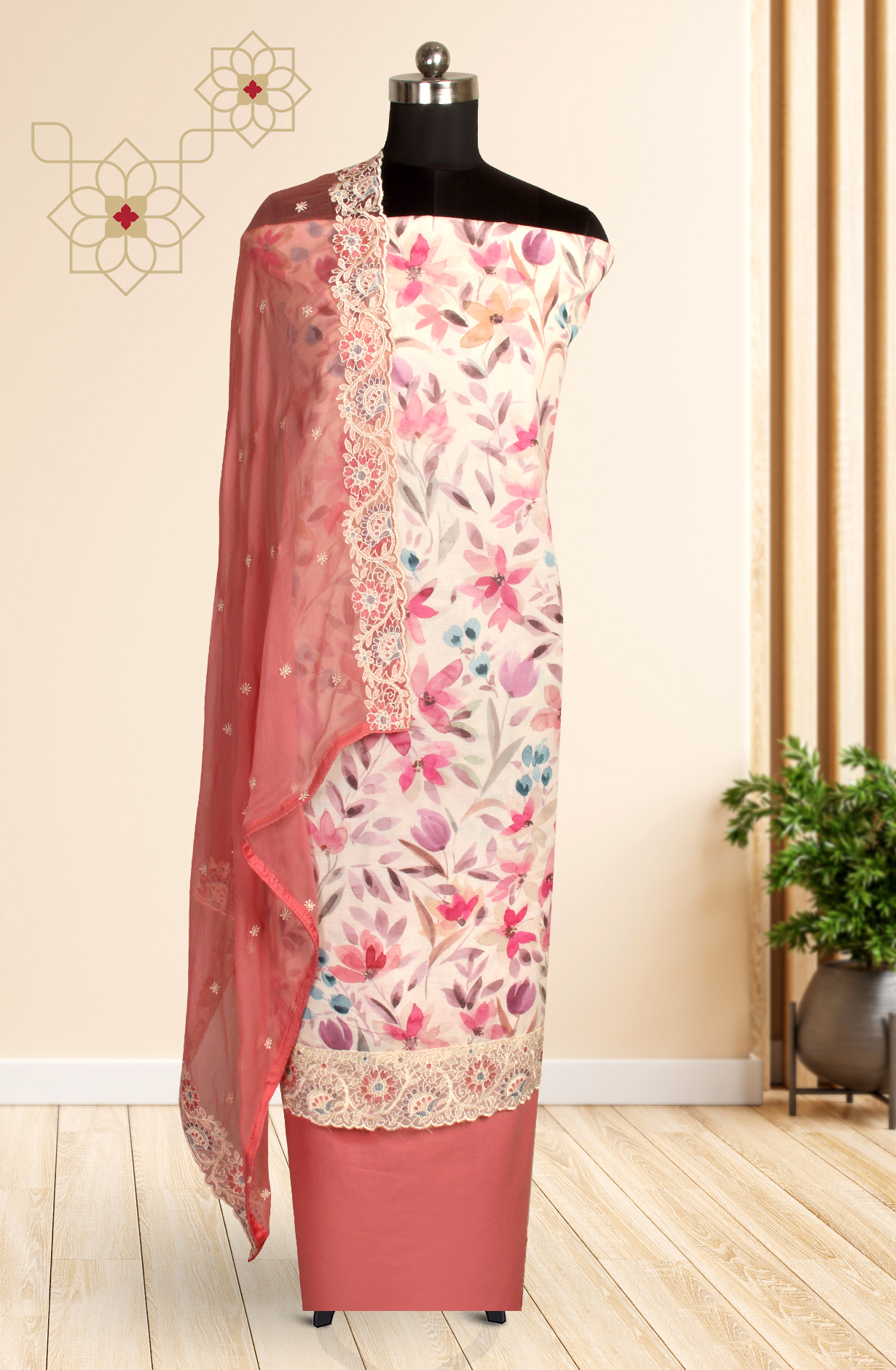 Multi-coloured Modal Digital Printed Suit with Chiffon Dupatta - 838-117A