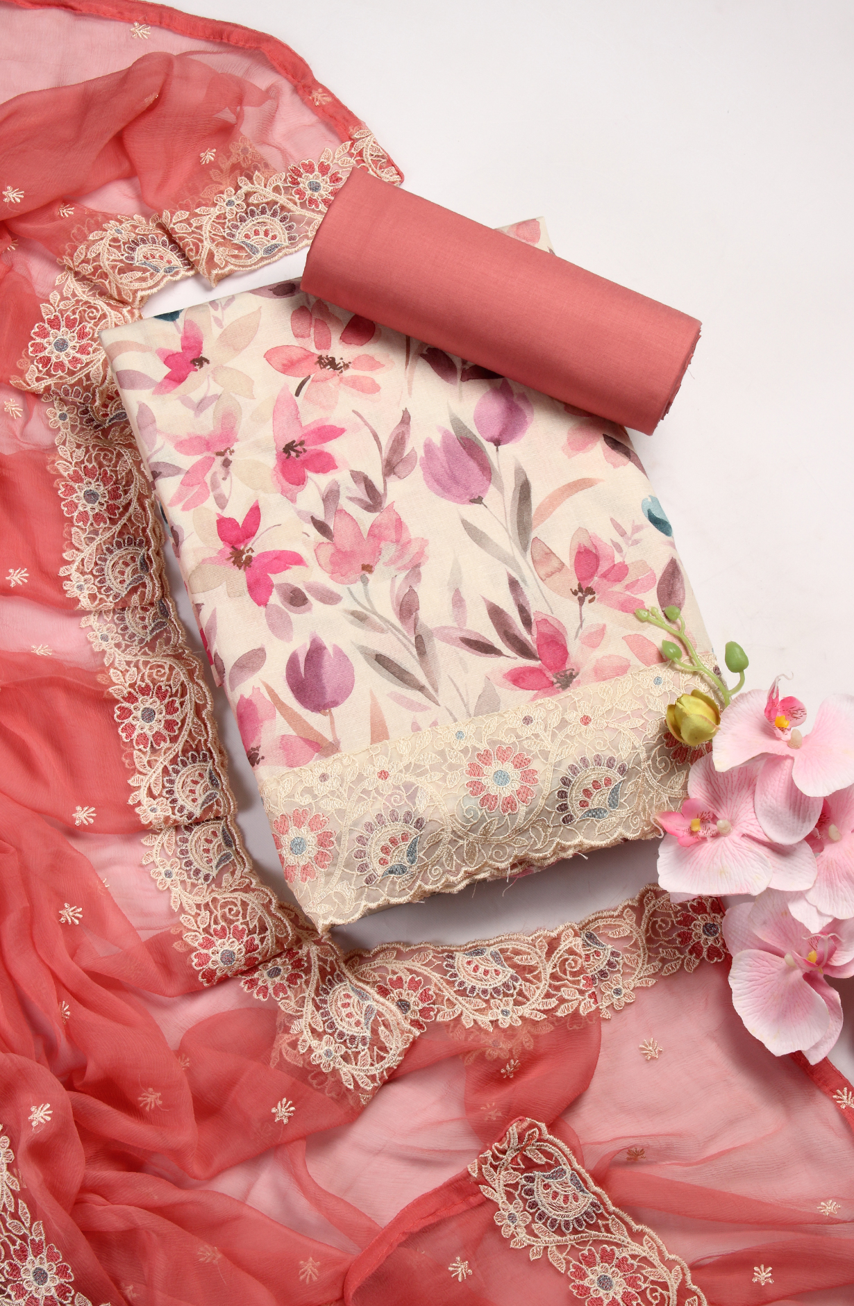 Multi-coloured Modal Digital Printed Suit with Chiffon Dupatta - 838-117A