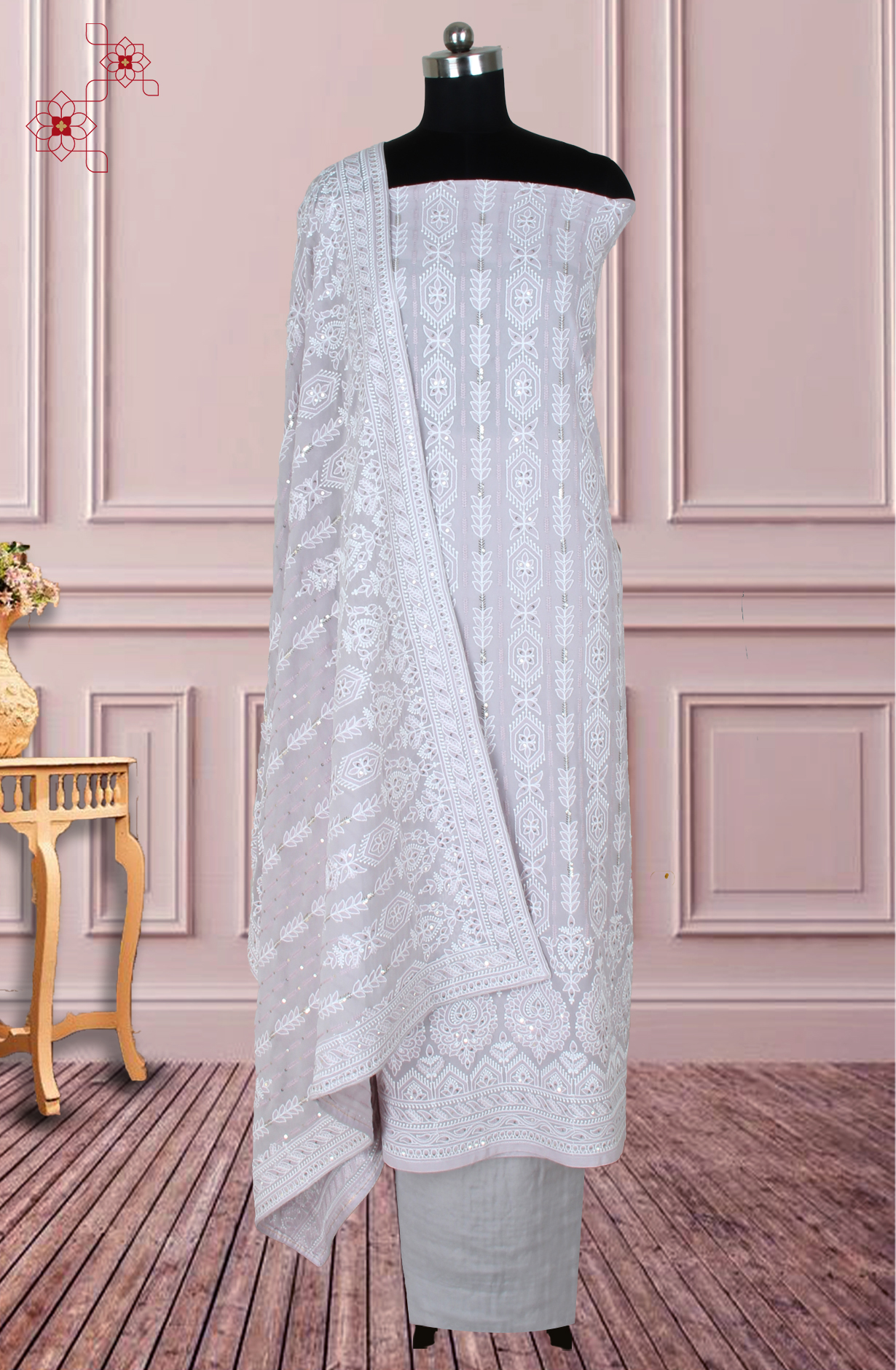 Lavender Georgette Beautiful Chikankari Embroidery Unstitched Suit - 838-1220