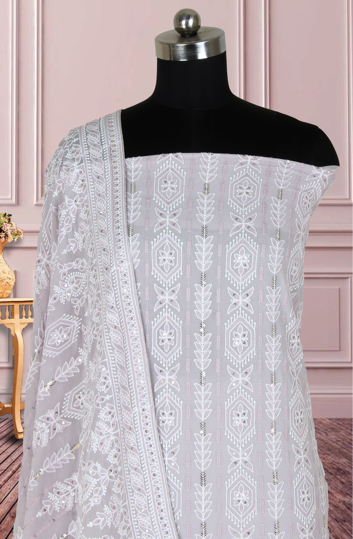 Lavender Georgette Beautiful Chikankari Embroidery Unstitched Suit - 838-1220