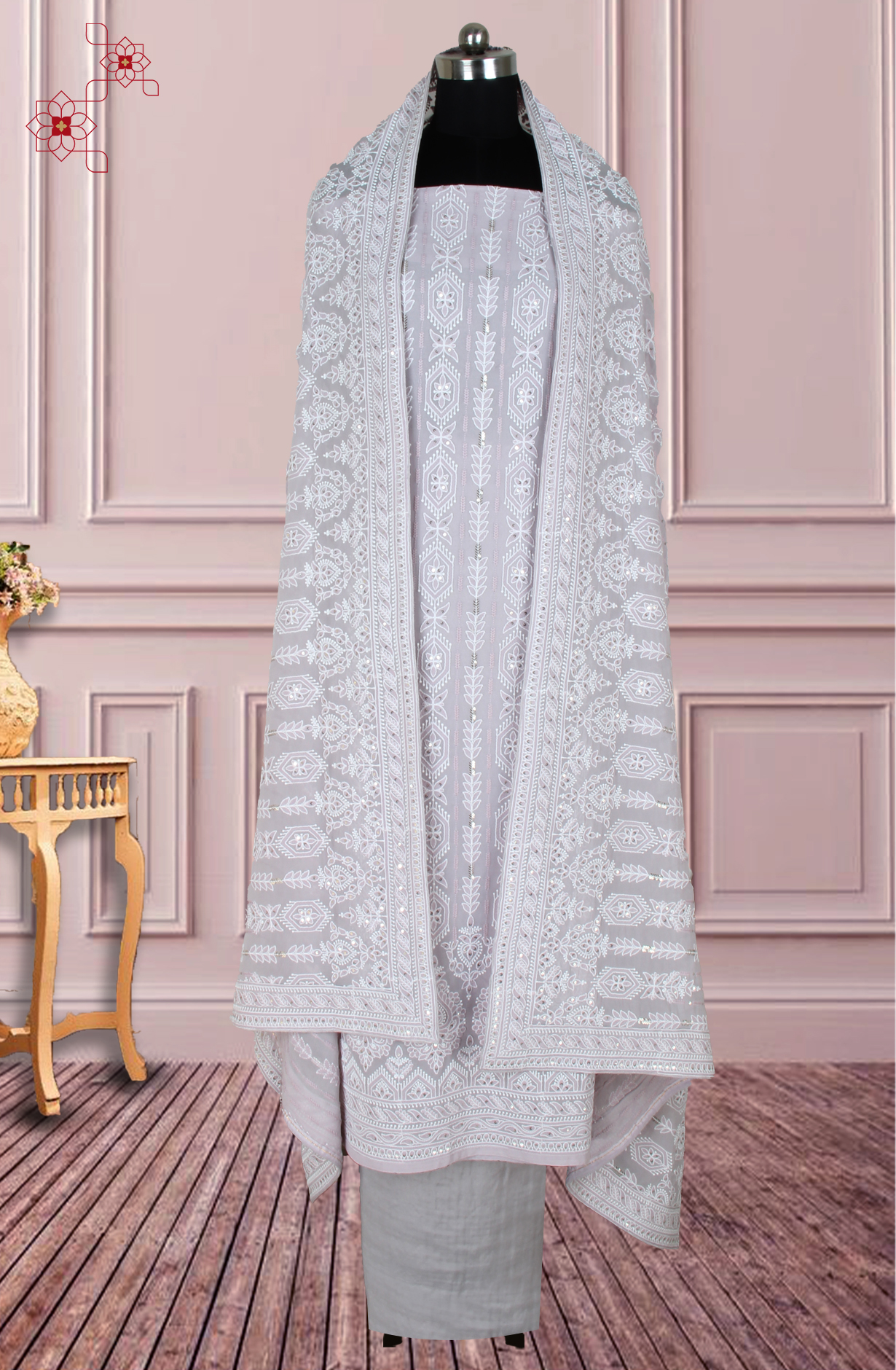 Lavender Georgette Beautiful Chikankari Embroidery Unstitched Suit - 838-1220