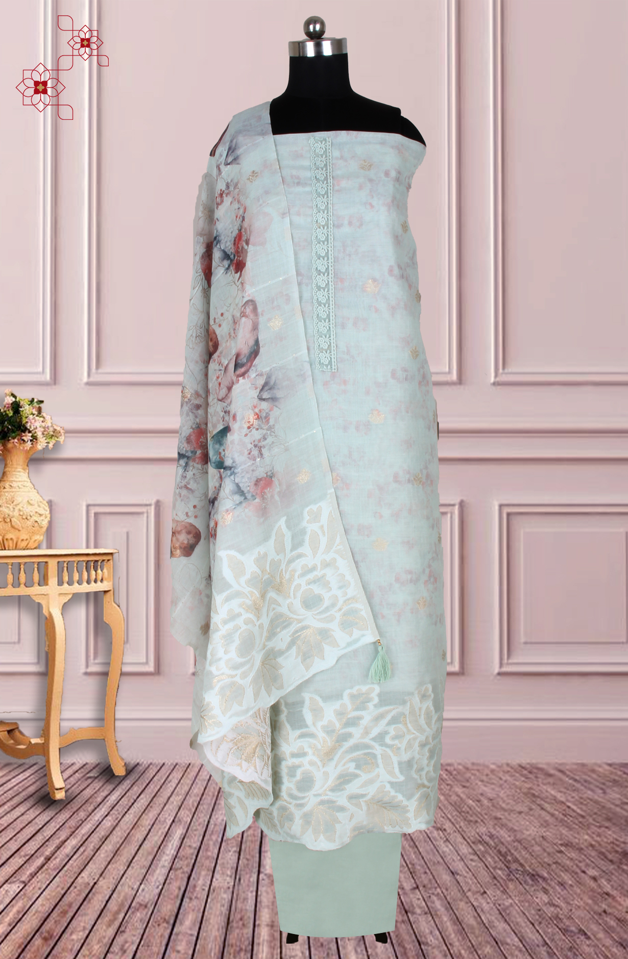 Sea Green Linen Salwar Suit with Trendy Dupatta - 838-1238