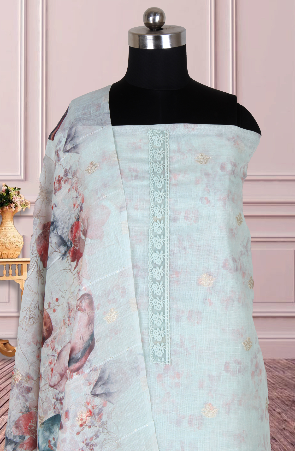 Sea Green Linen Salwar Suit with Trendy Dupatta - 838-1238