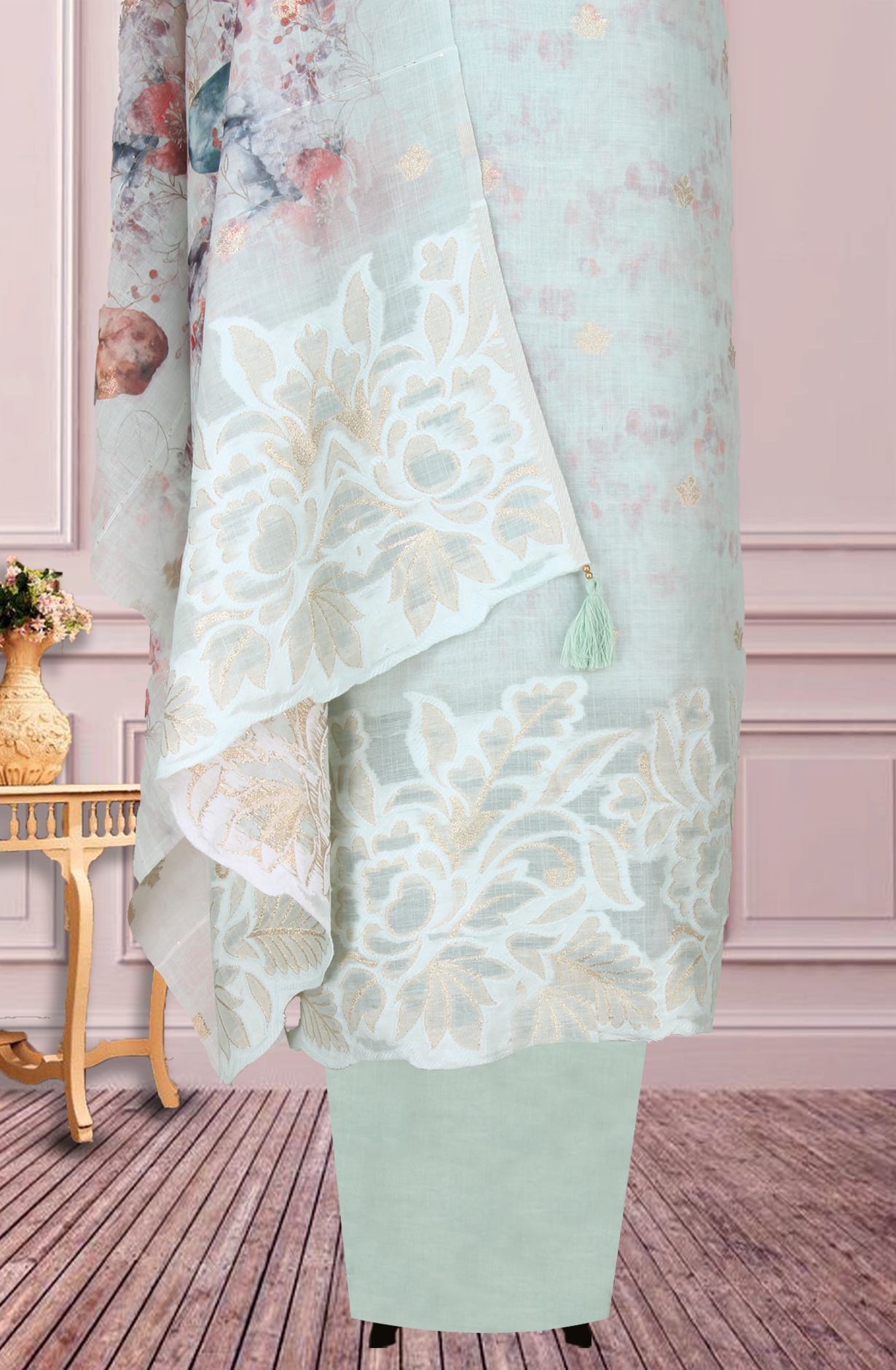 Sea Green Linen Salwar Suit with Trendy Dupatta - 838-1238