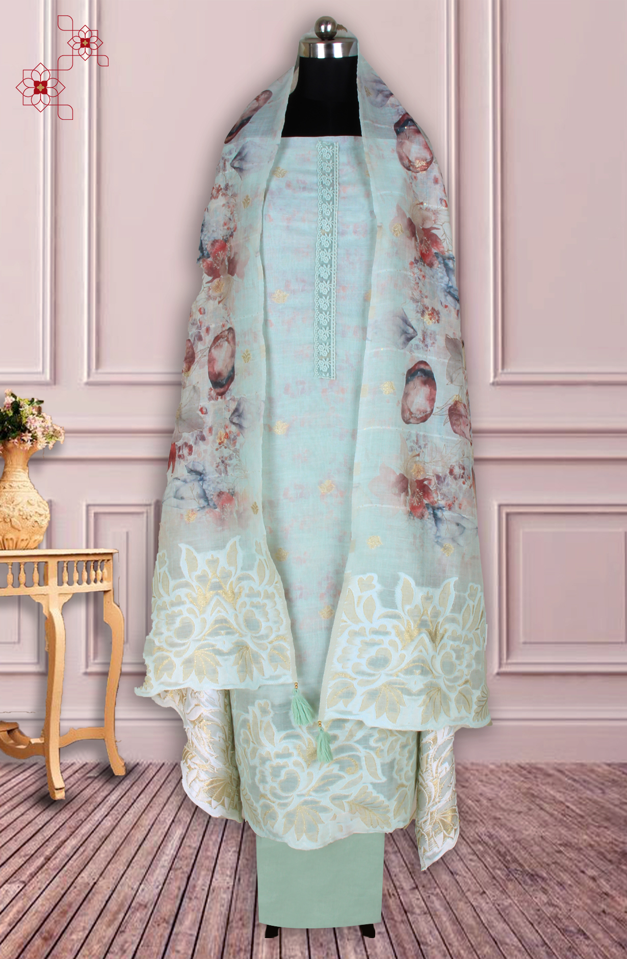 Sea Green Linen Salwar Suit with Trendy Dupatta - 838-1238