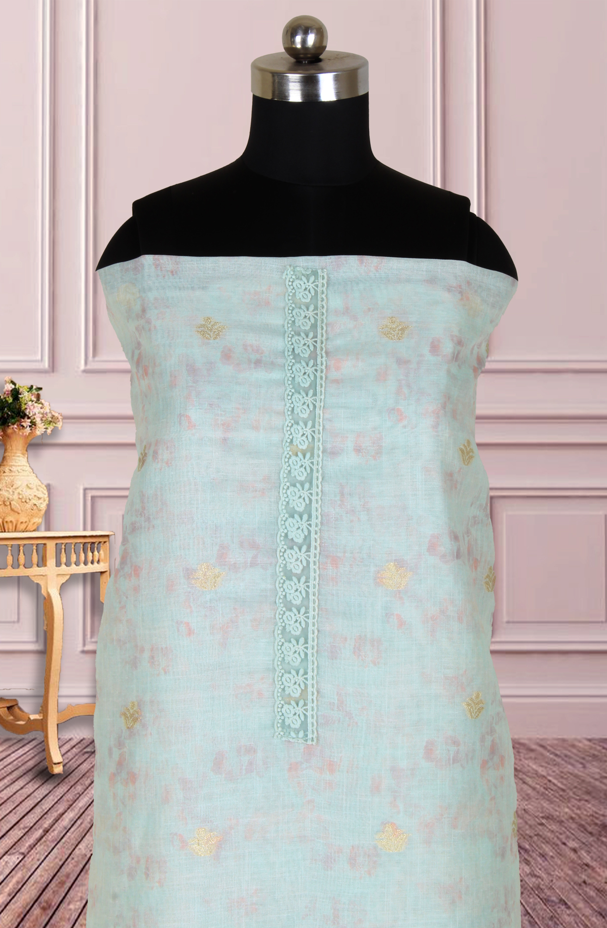 Sea Green Linen Salwar Suit with Trendy Dupatta - 838-1238