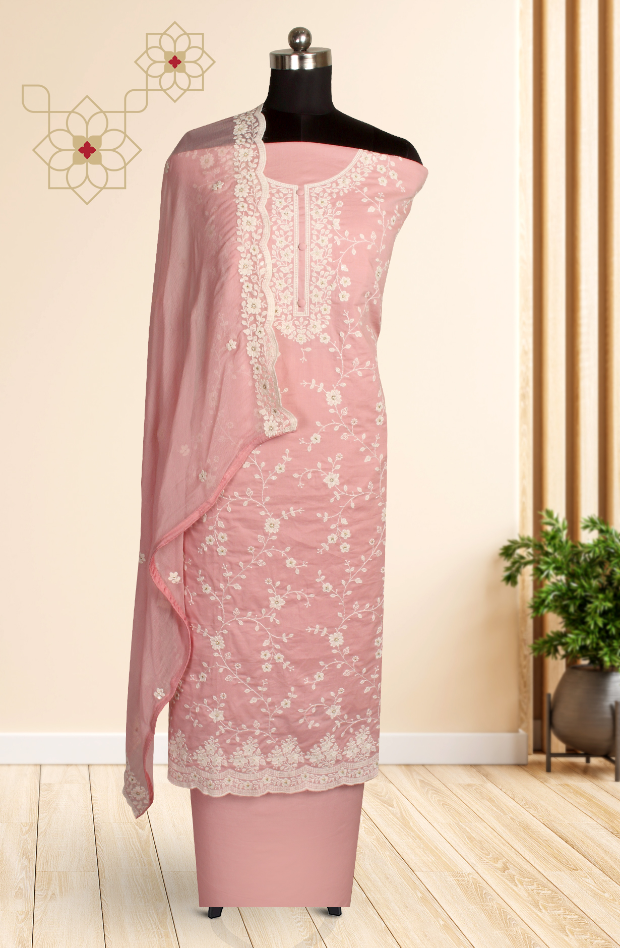 Pink Cotton Unstitched Embroidered Suit with Chiffon Dupatta - 838-130