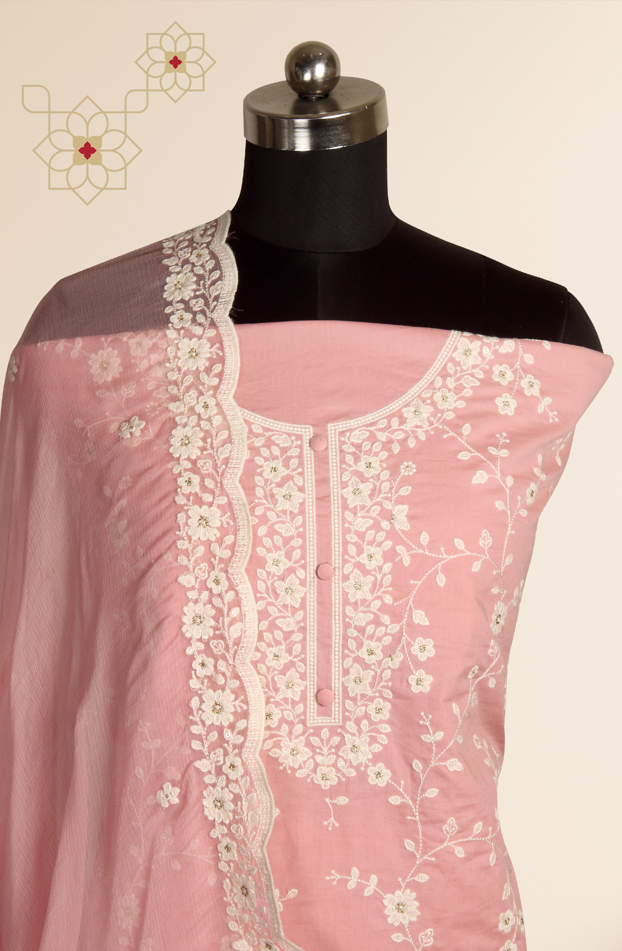 Pink Cotton Unstitched Embroidered Suit with Chiffon Dupatta - 838-130
