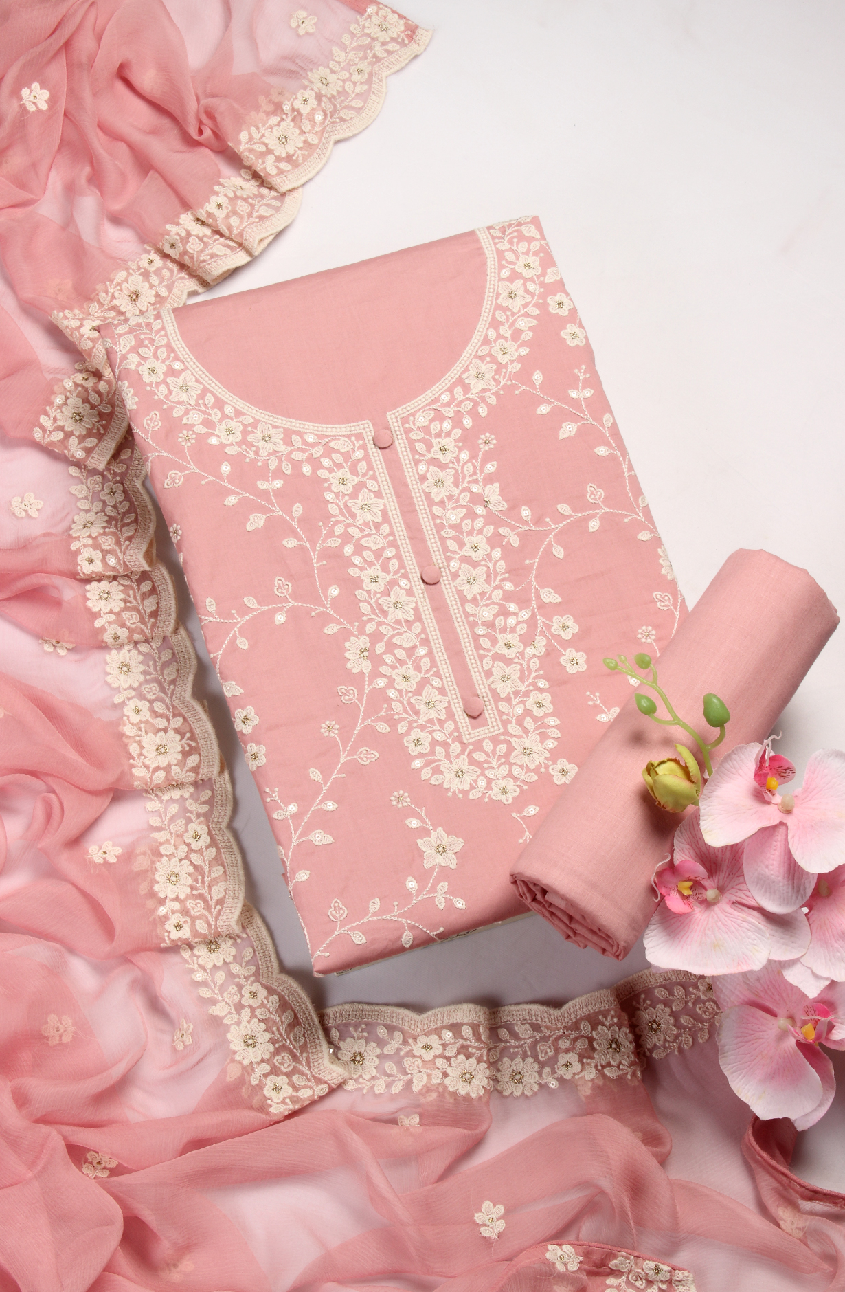 Pink Cotton Unstitched Embroidered Suit with Chiffon Dupatta - 838-130
