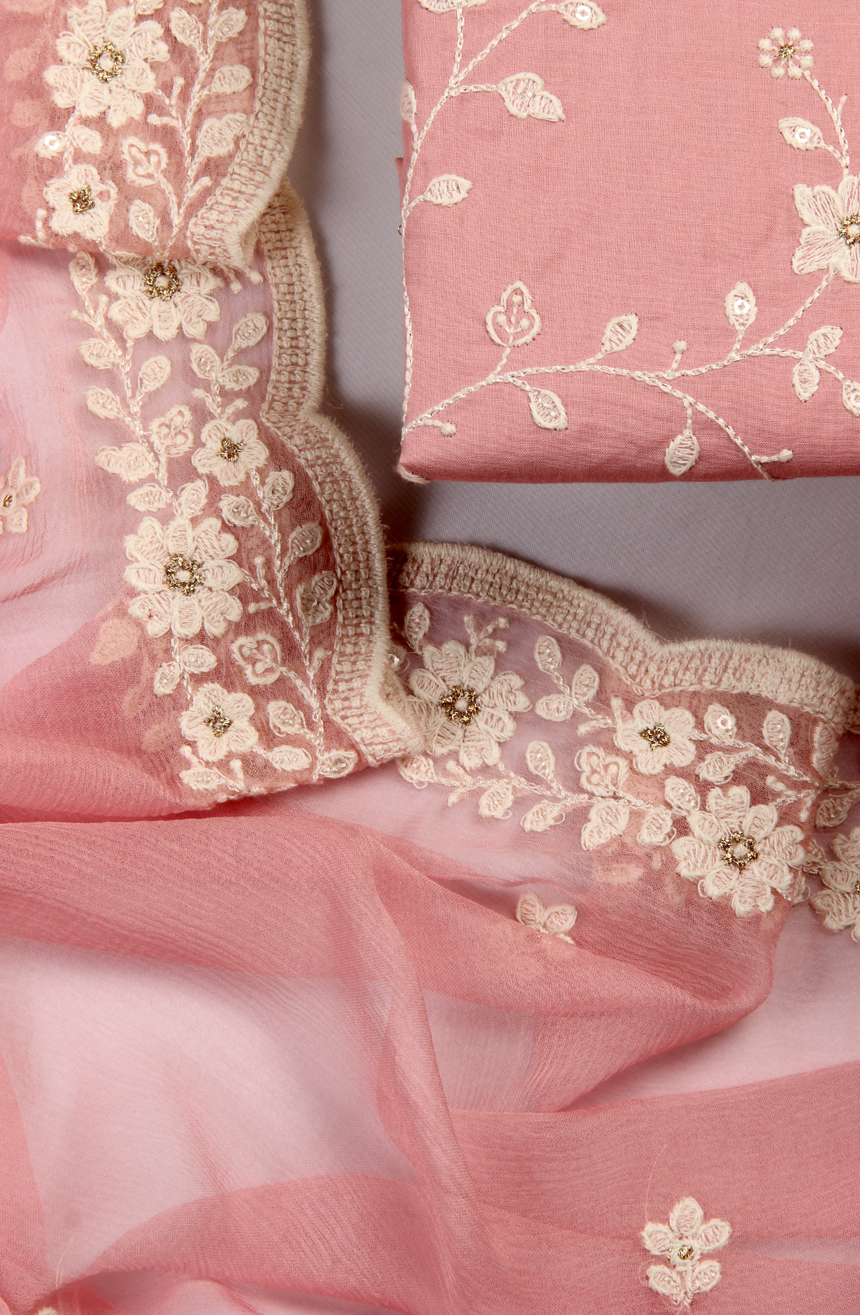 Pink Cotton Unstitched Embroidered Suit with Chiffon Dupatta - 838-130