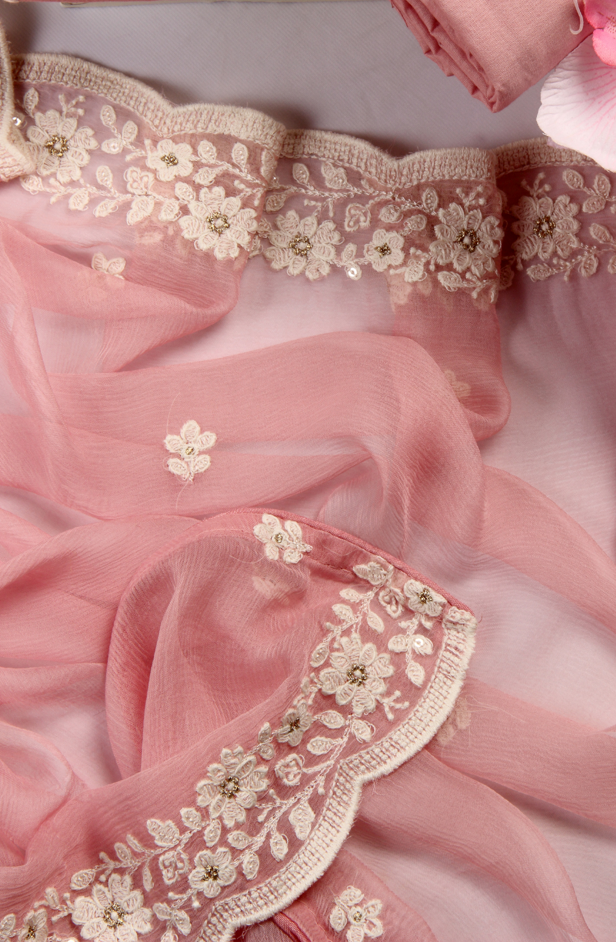 Pink Cotton Unstitched Embroidered Suit with Chiffon Dupatta - 838-130