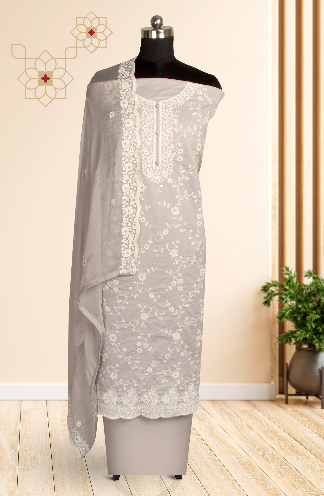 Grey Cotton Unstitched Embroidered Suit with Chiffon Dupatta - 838-130A