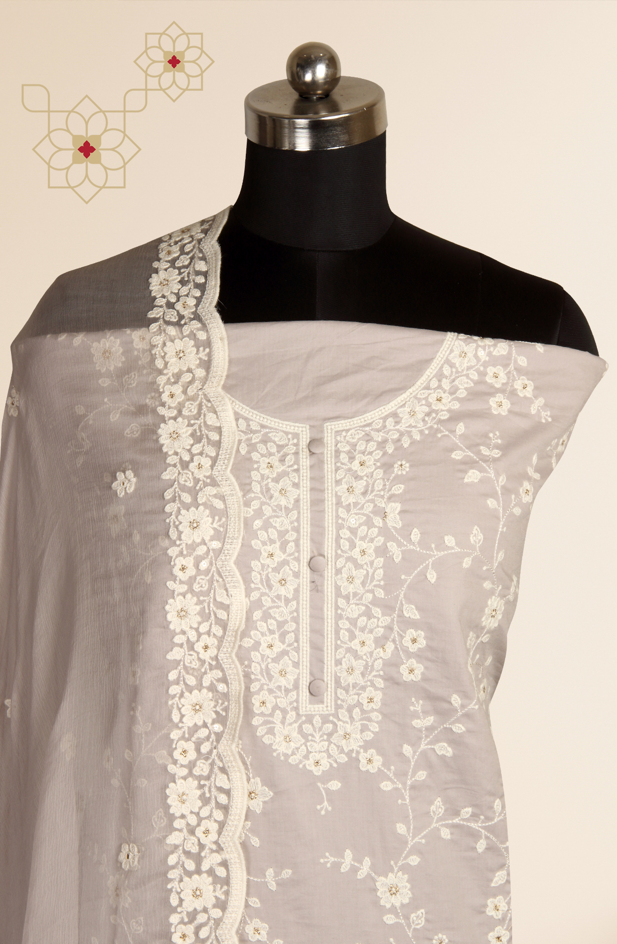 Grey Cotton Unstitched Embroidered Suit with Chiffon Dupatta - 838-130A