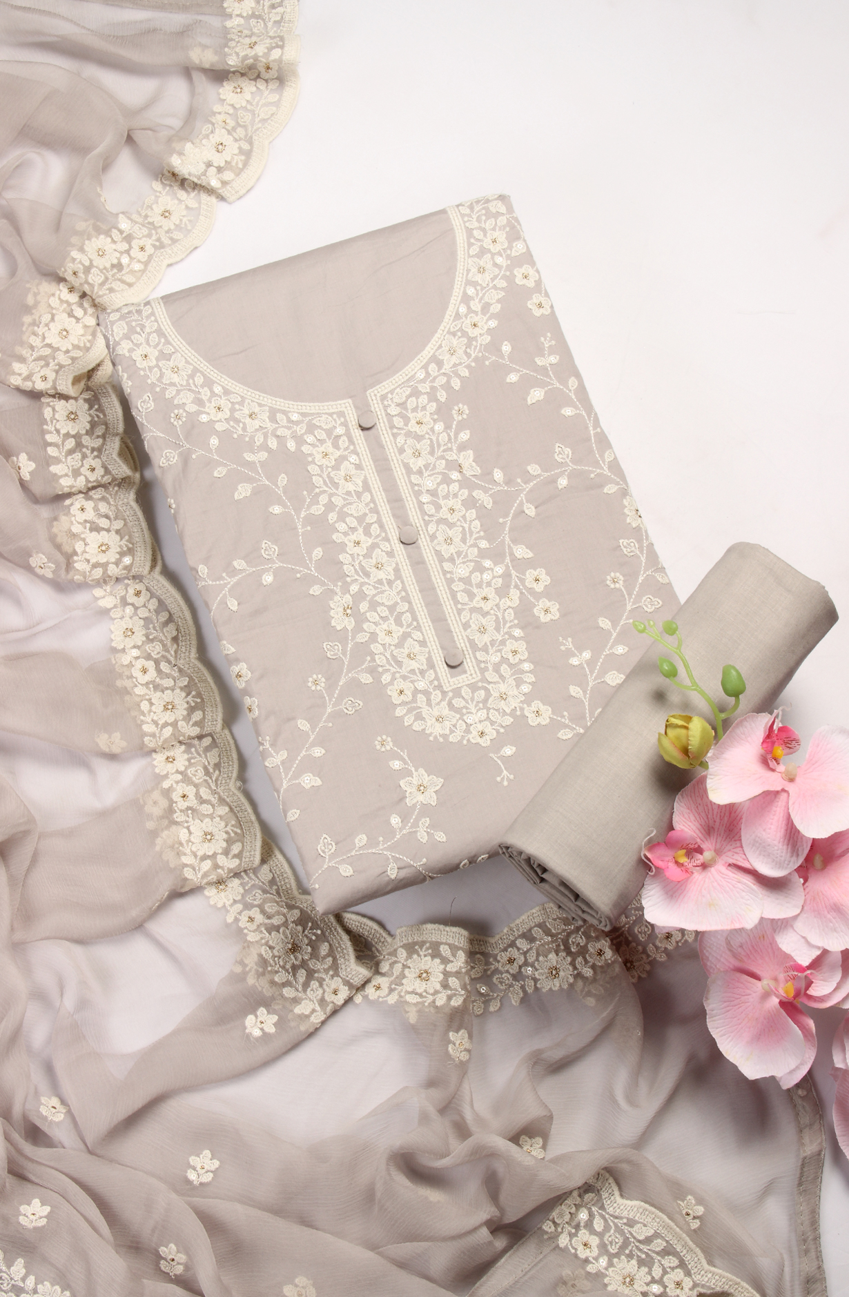 Grey Cotton Unstitched Embroidered Suit with Chiffon Dupatta - 838-130A