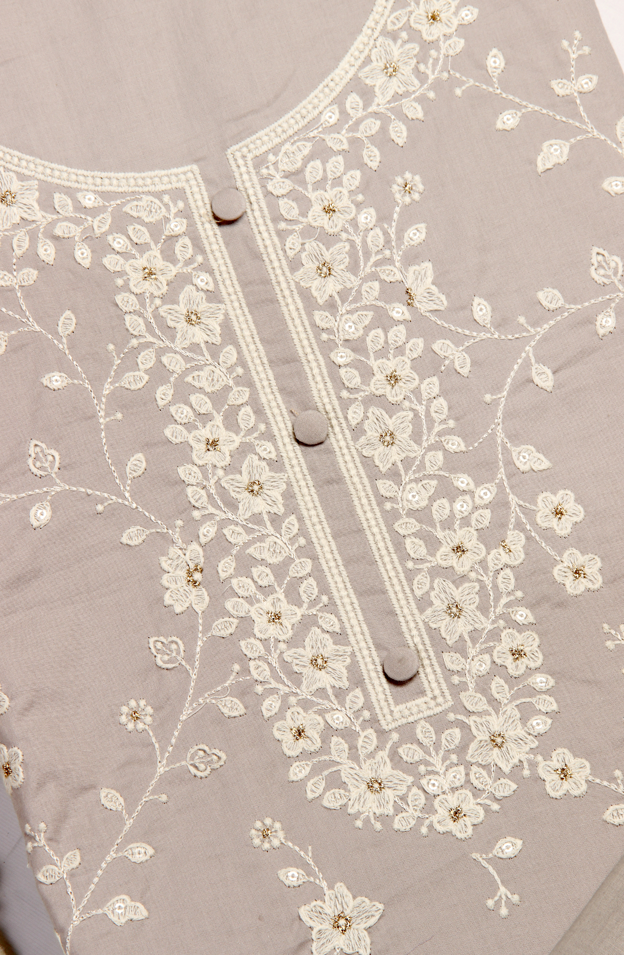 Grey Cotton Unstitched Embroidered Suit with Chiffon Dupatta - 838-130A