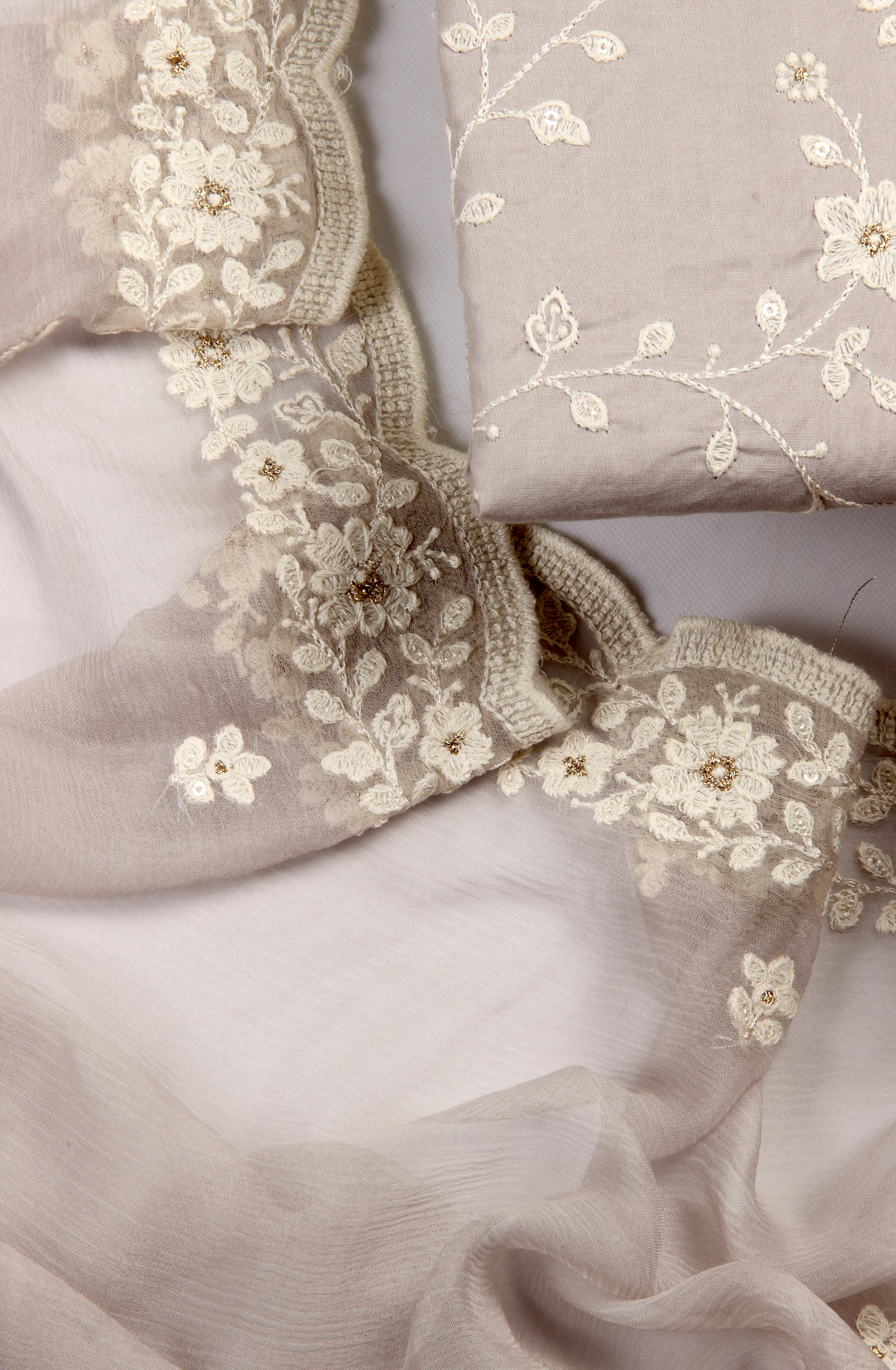 Grey Cotton Unstitched Embroidered Suit with Chiffon Dupatta - 838-130A