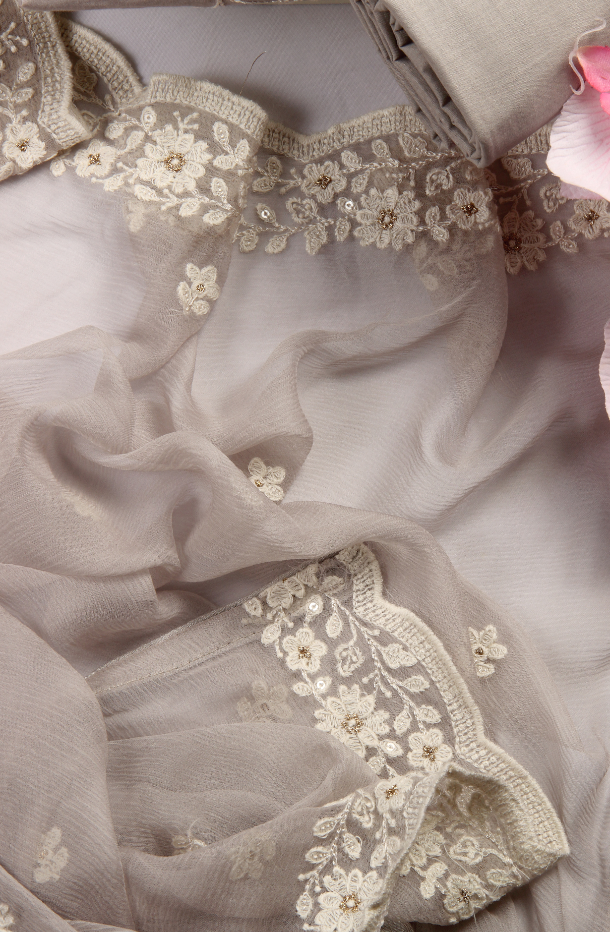 Grey Cotton Unstitched Embroidered Suit with Chiffon Dupatta - 838-130A