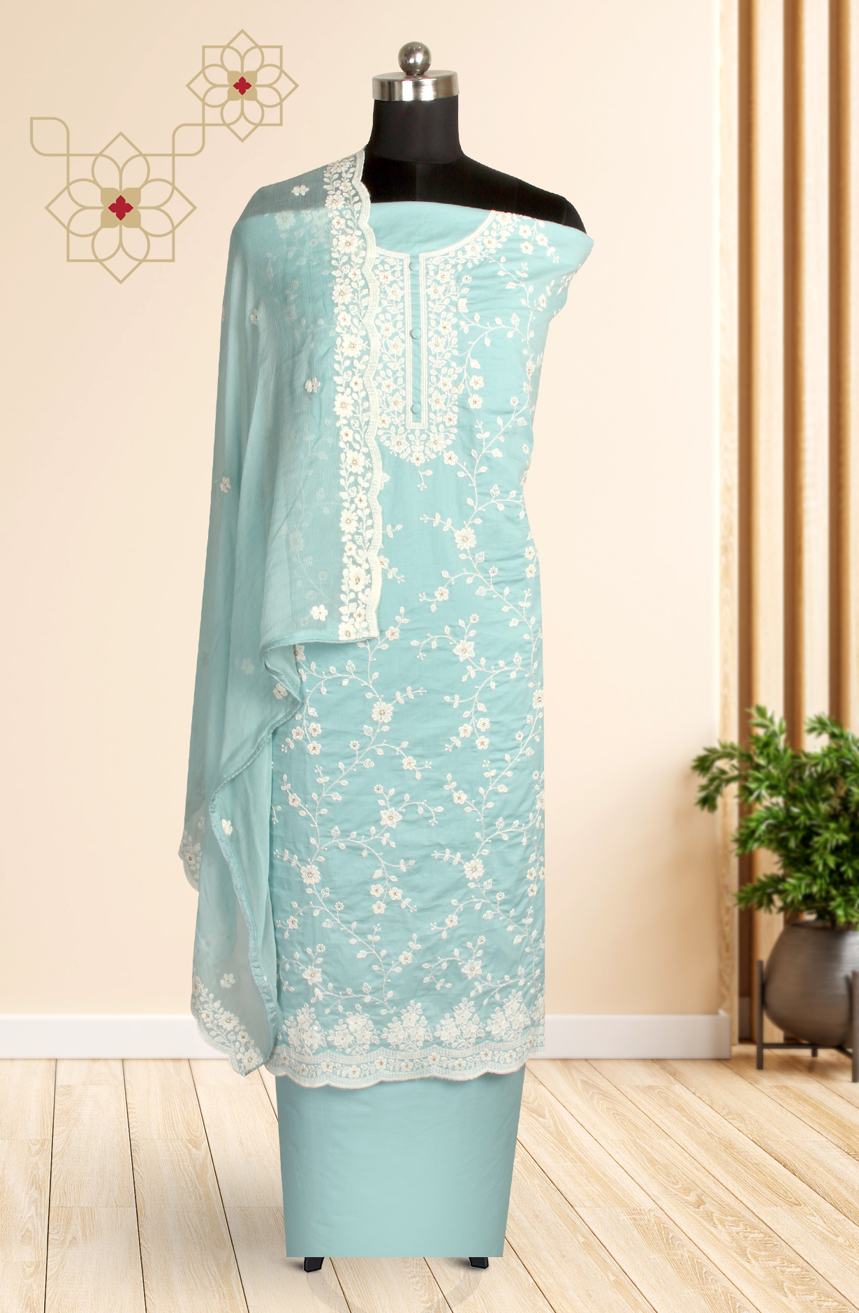 Firozi Cotton Unstitched Embroidered Suit with Chiffon Dupatta - 838-130B