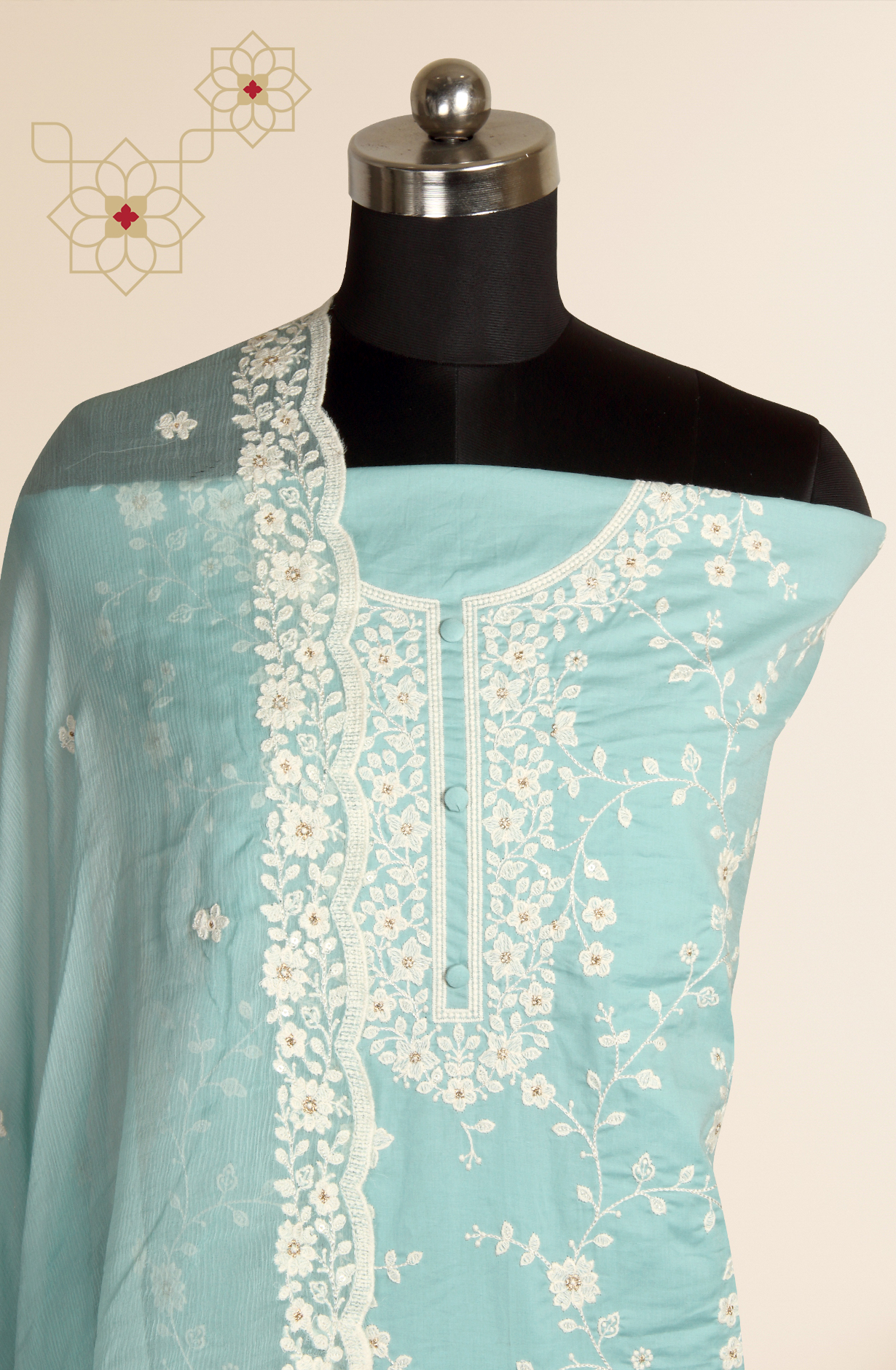 Firozi Cotton Unstitched Embroidered Suit with Chiffon Dupatta - 838-130B
