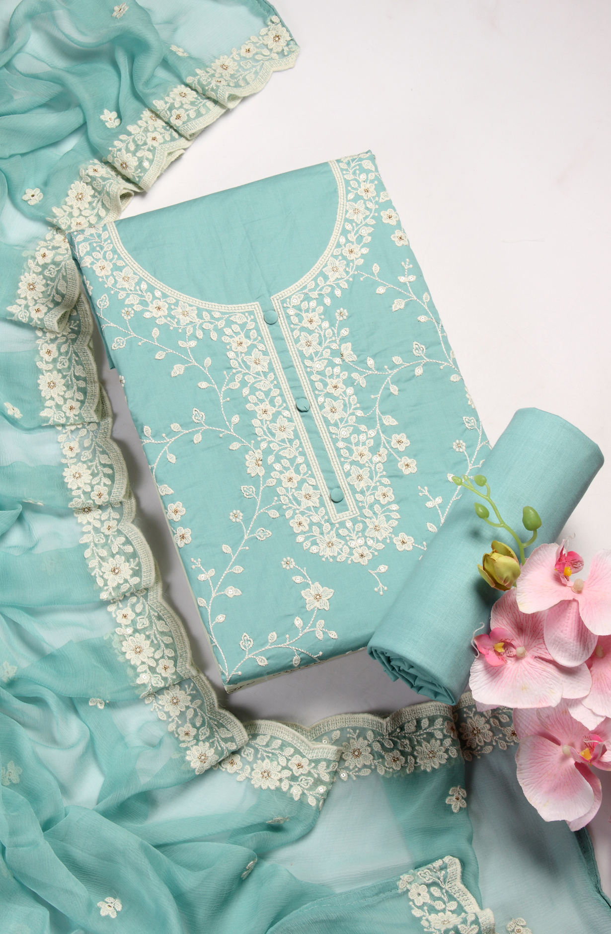 Firozi Cotton Unstitched Embroidered Suit with Chiffon Dupatta - 838-130B