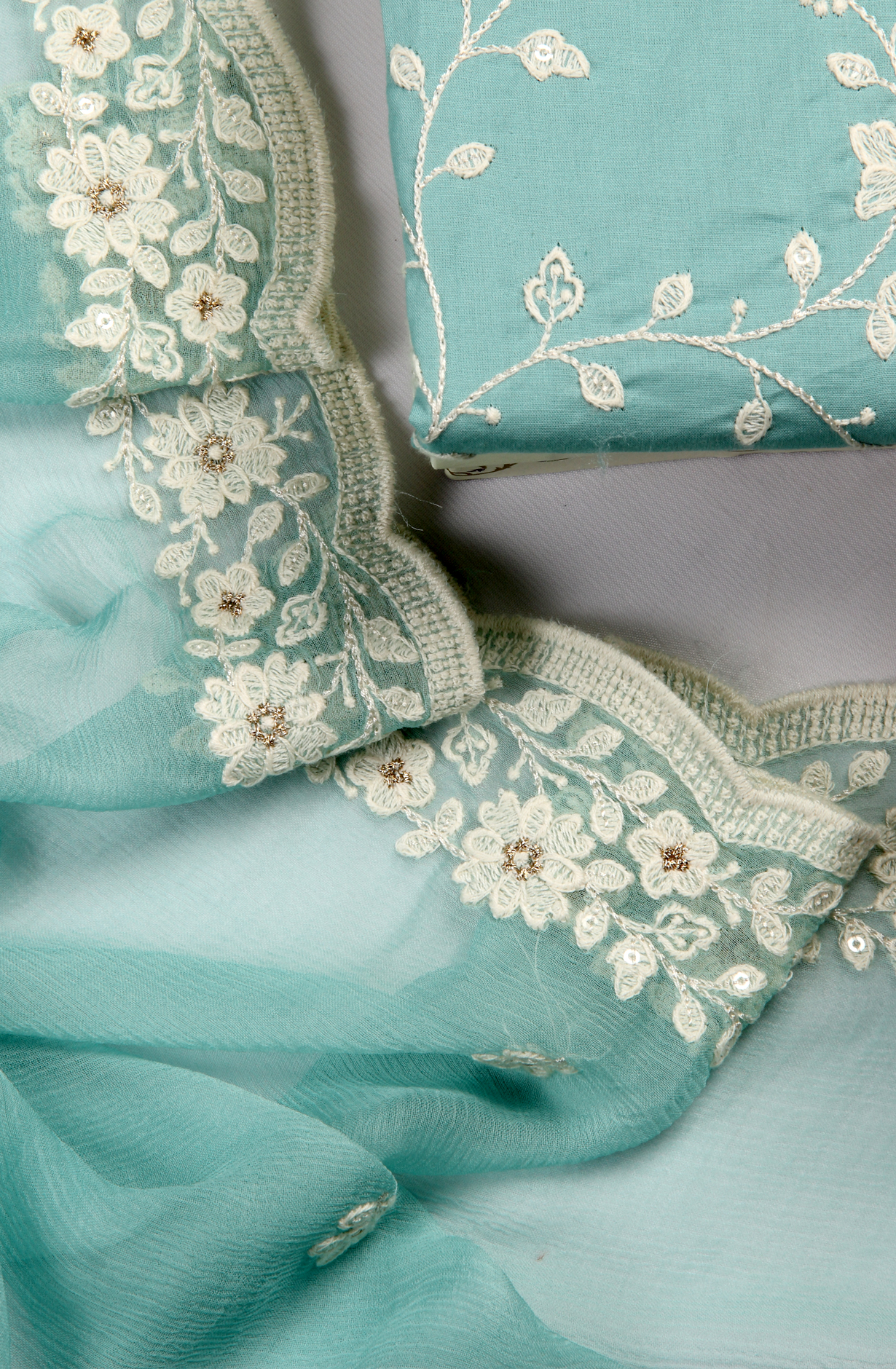 Firozi Cotton Unstitched Embroidered Suit with Chiffon Dupatta - 838-130B