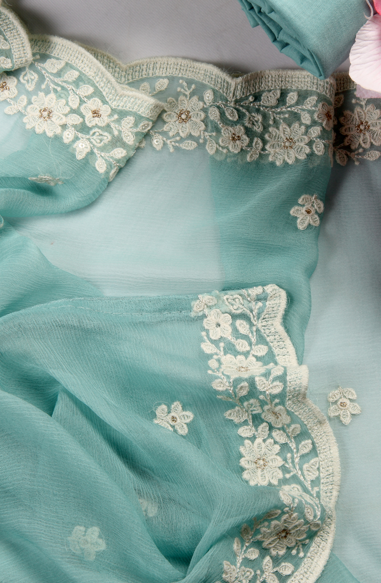 Firozi Cotton Unstitched Embroidered Suit with Chiffon Dupatta - 838-130B