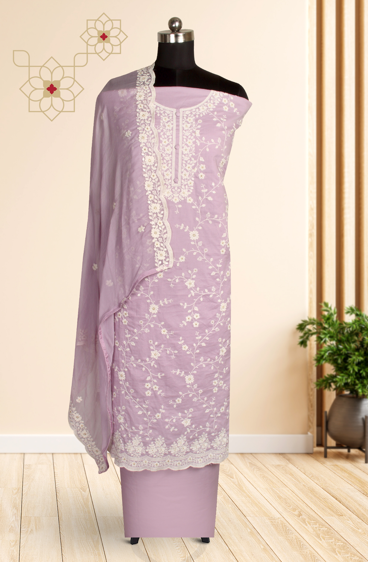 Lilac Cotton Unstitched Embroidered Suit with Chiffon Dupatta - 838-130C