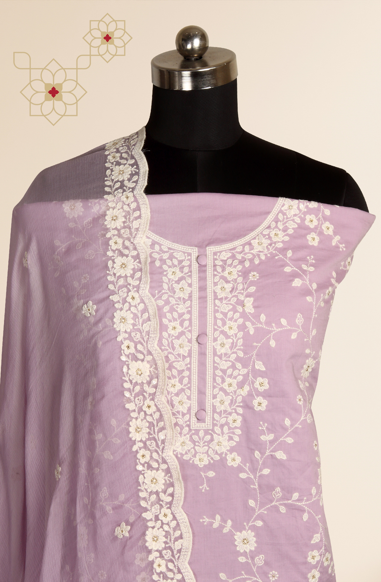 Lilac Cotton Unstitched Embroidered Suit with Chiffon Dupatta - 838-130C
