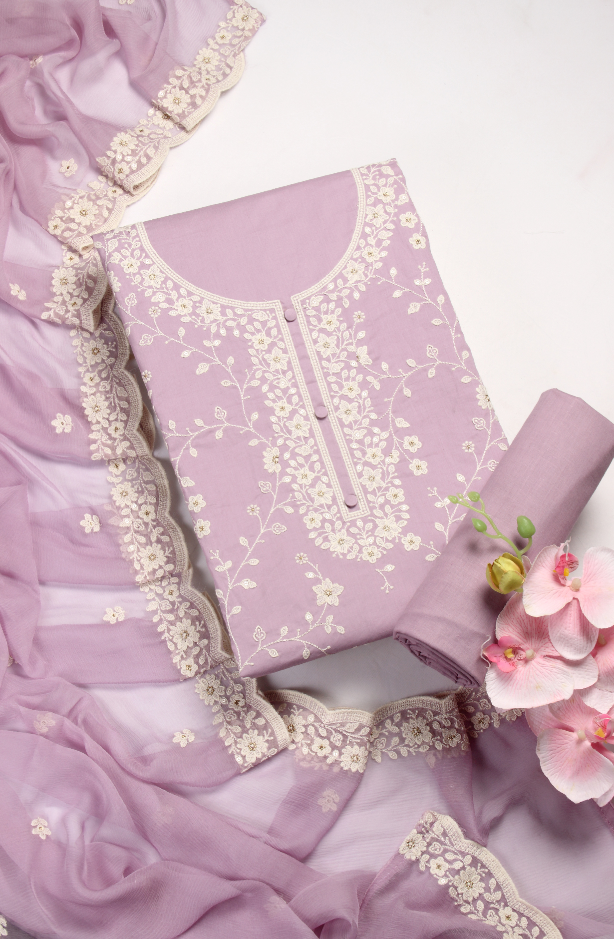Lilac Cotton Unstitched Embroidered Suit with Chiffon Dupatta - 838-130C