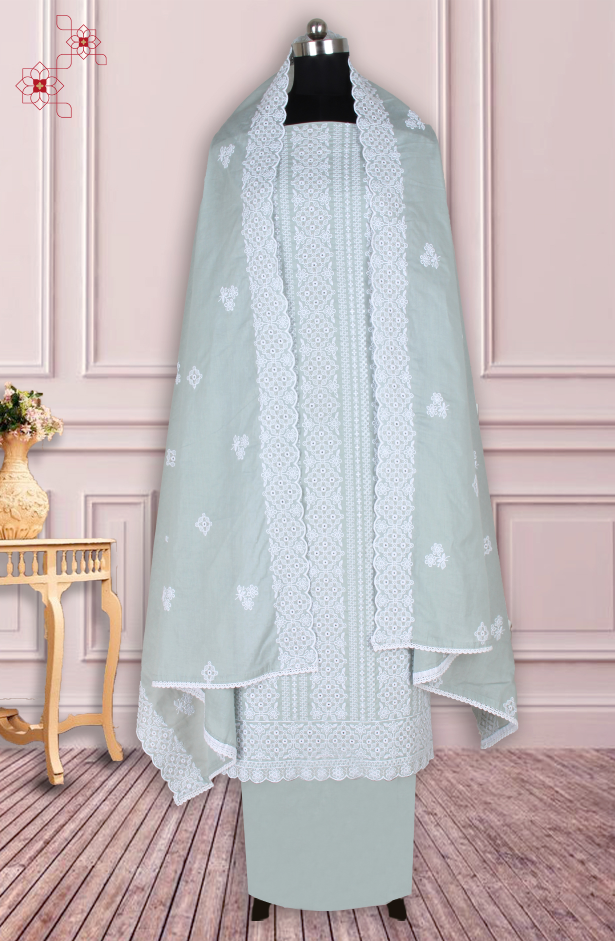 Sea Green Cotton Embroidered Salwar Suit with Trendy Dupatta - 838-1390A