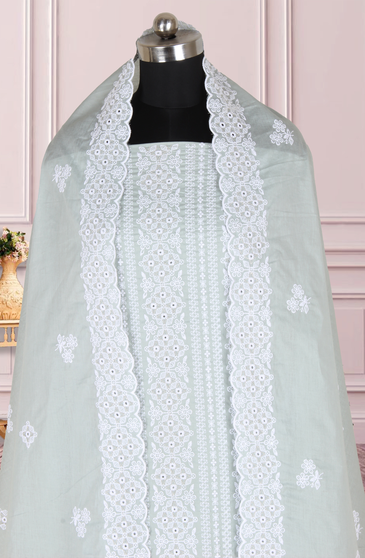 Sea Green Cotton Embroidered Salwar Suit with Trendy Dupatta - 838-1390A