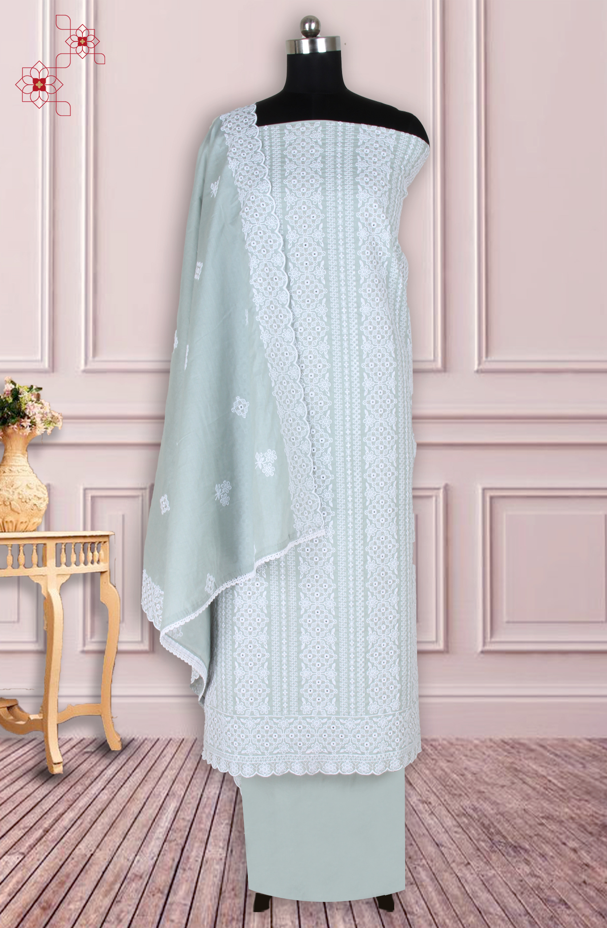 Sea Green Cotton Embroidered Salwar Suit with Trendy Dupatta - 838-1390A