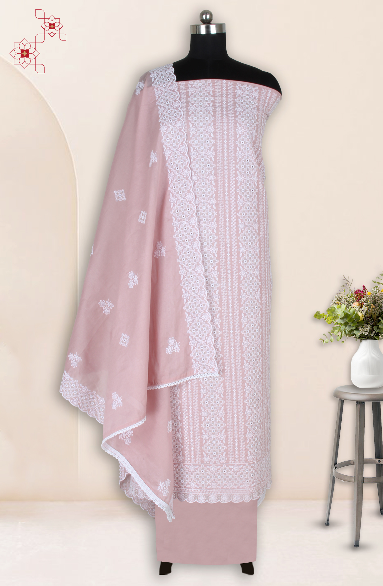 Pink Cotton Embroidered Salwar Kameez with Trendy Dupatta - 838-1390B