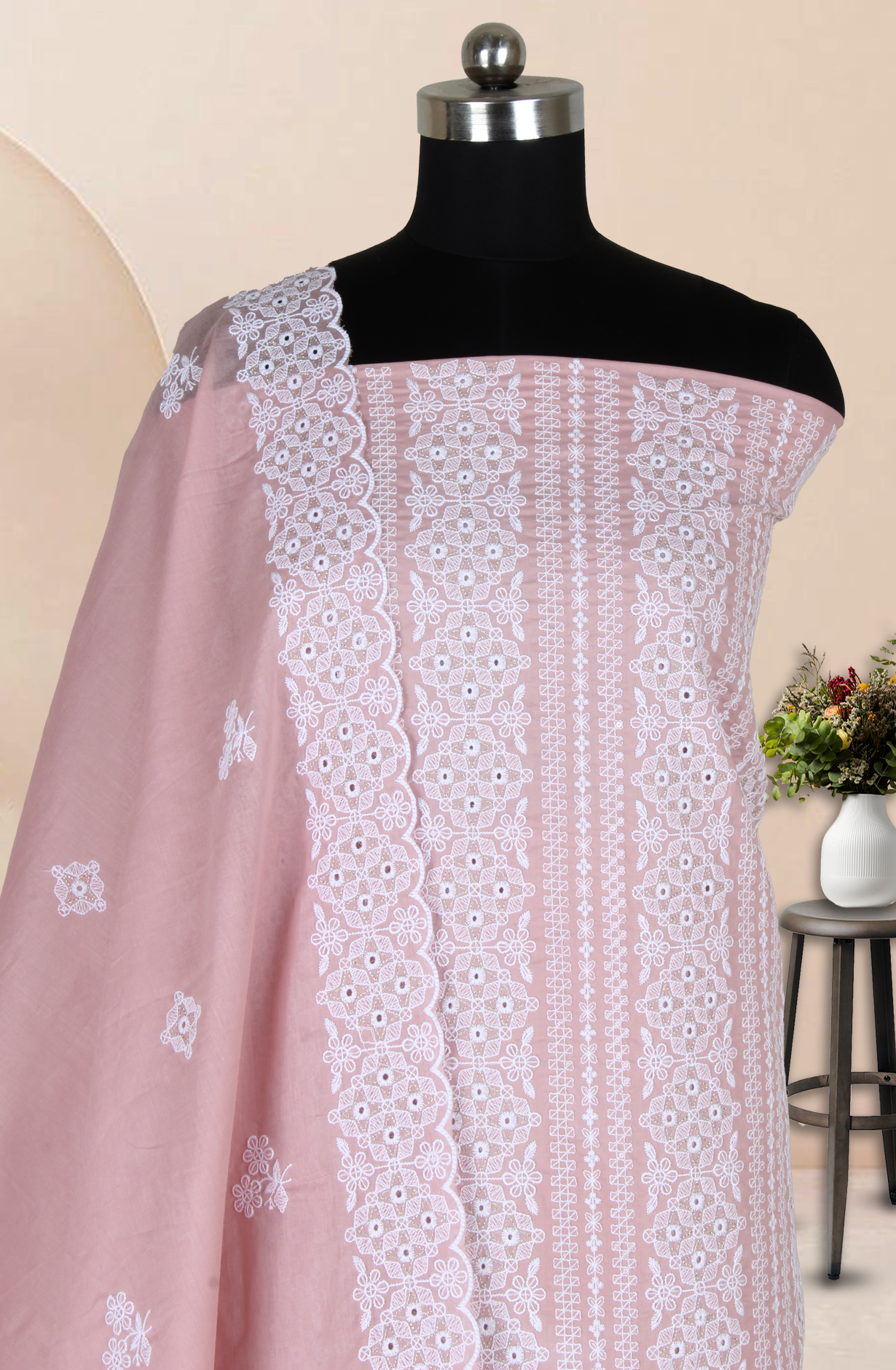 Pink Cotton Embroidered Salwar Kameez with Trendy Dupatta - 838-1390B