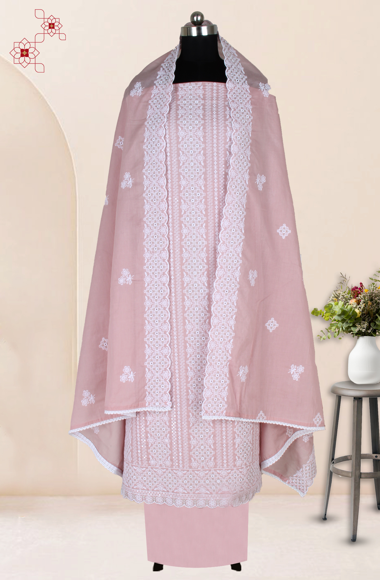 Pink Cotton Embroidered Salwar Kameez with Trendy Dupatta - 838-1390B