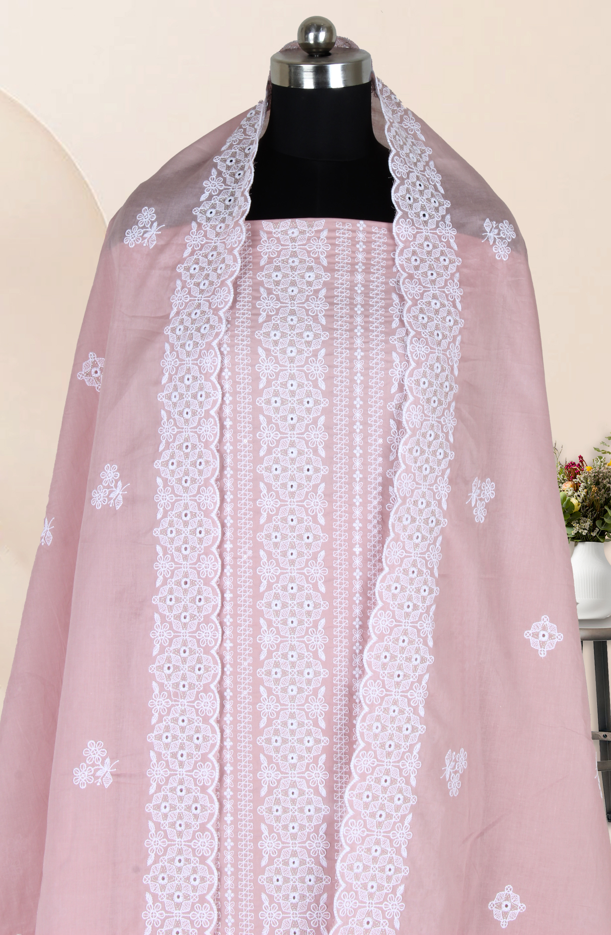 Pink Cotton Embroidered Salwar Kameez with Trendy Dupatta - 838-1390B