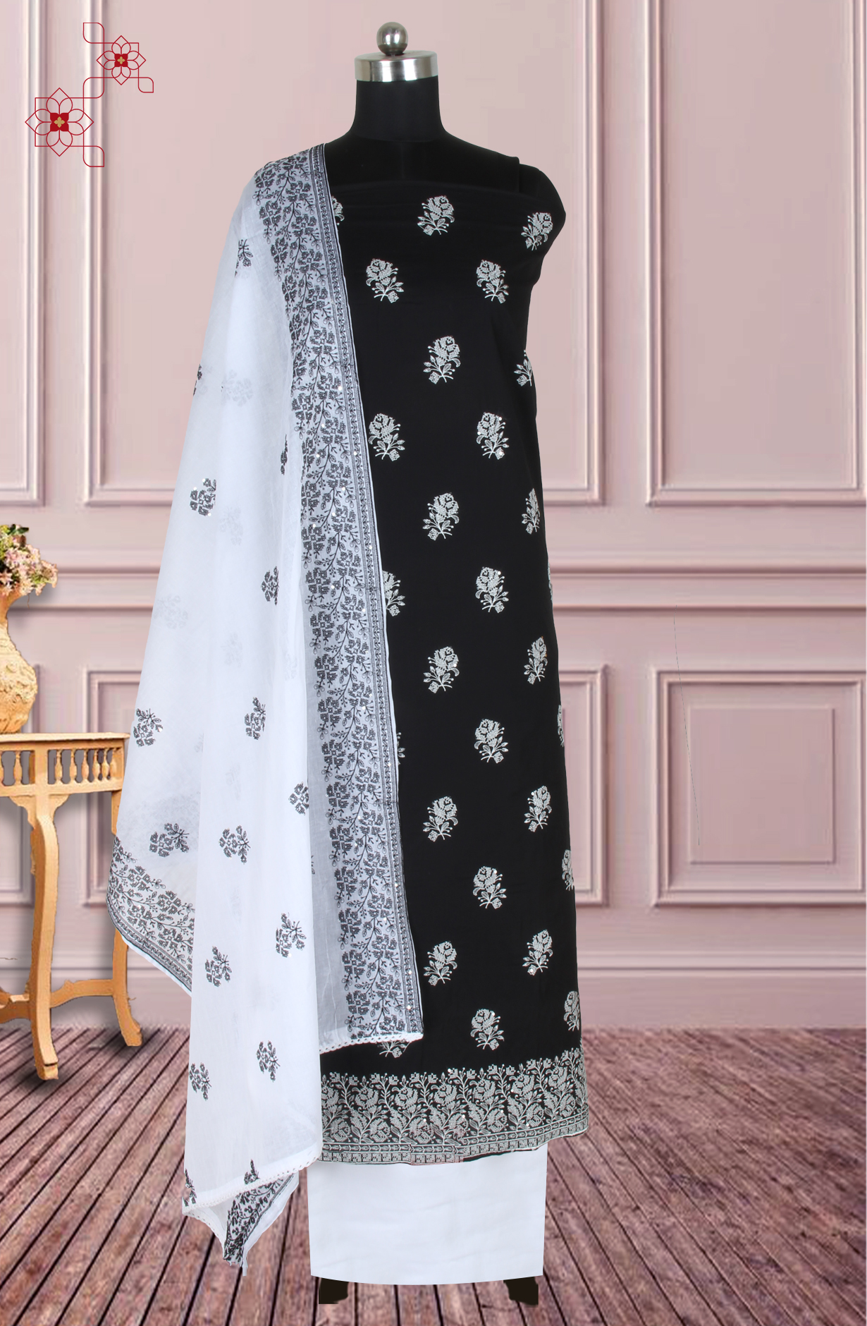 Black Cotton Unstitched Embroidered Suit with Trendy Dupatta - 838-1479-2A