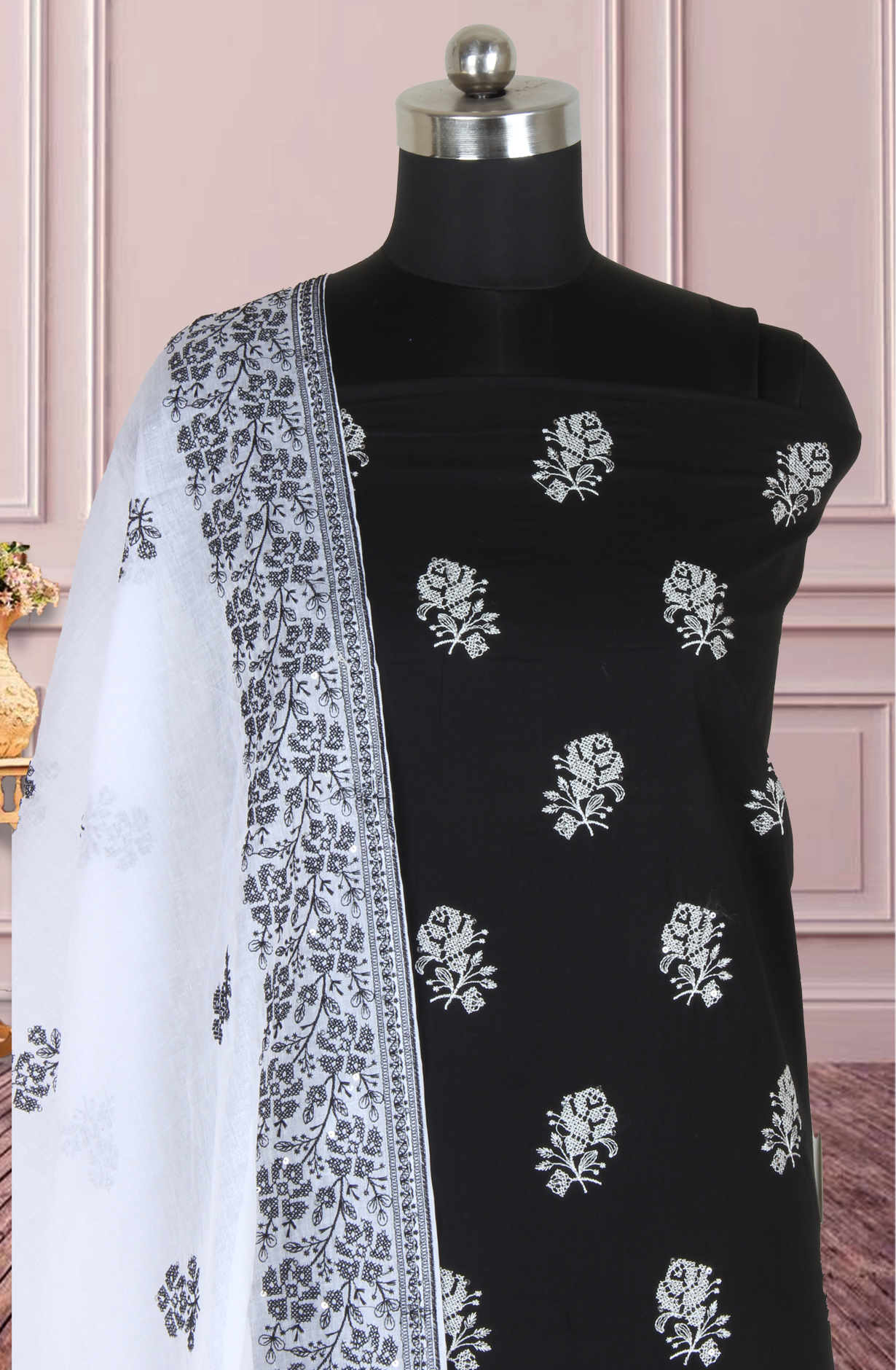 Black Cotton Unstitched Embroidered Suit with Trendy Dupatta - 838-1479-2A