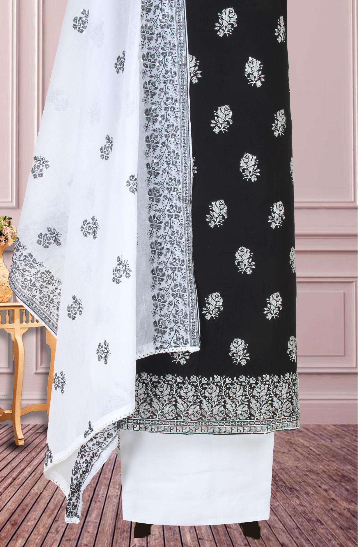 Black Cotton Unstitched Embroidered Suit with Trendy Dupatta - 838-1479-2A