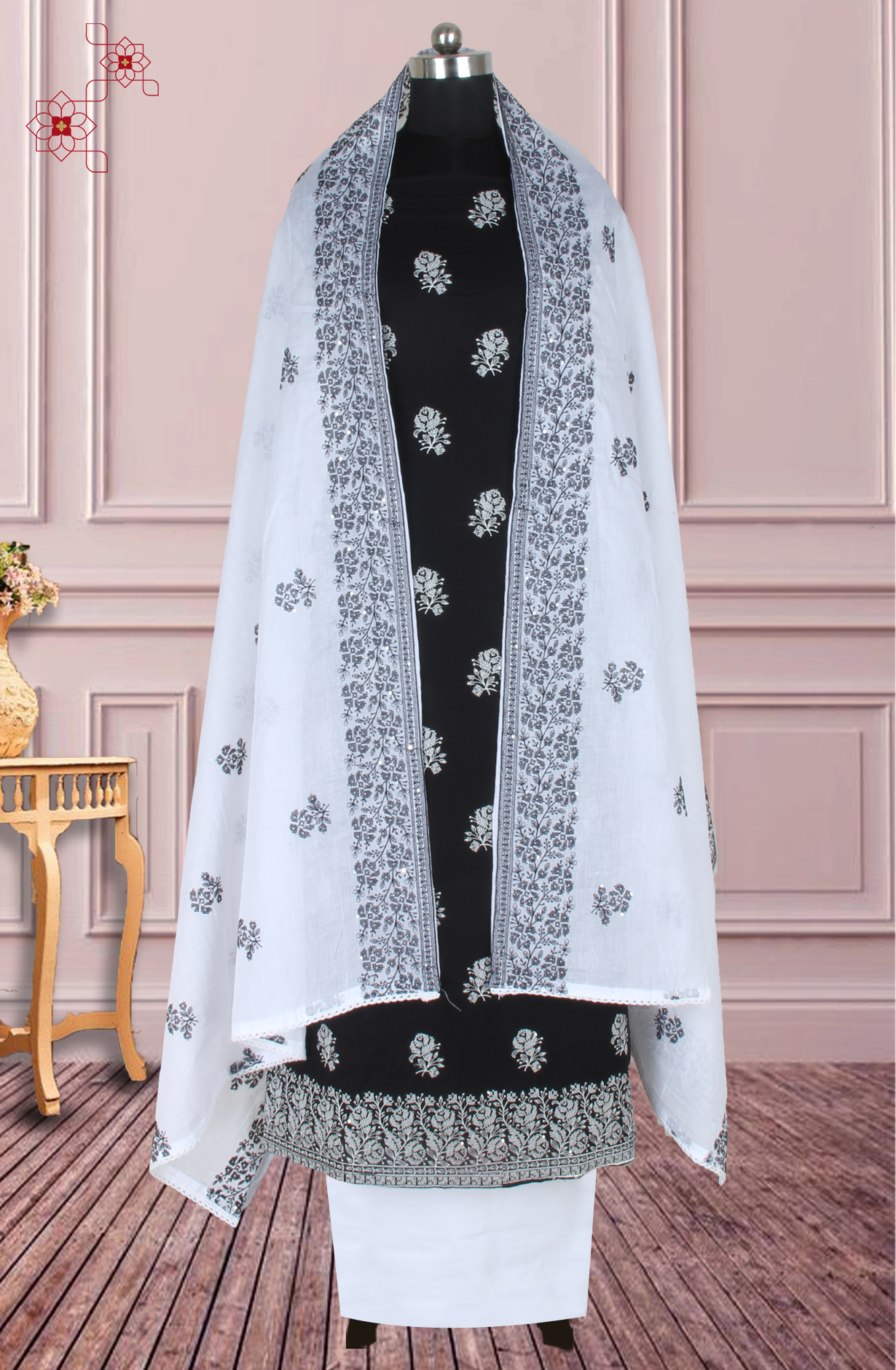 Black Cotton Unstitched Embroidered Suit with Trendy Dupatta - 838-1479-2A