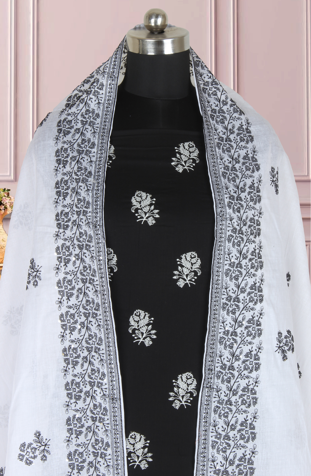 Black Cotton Unstitched Embroidered Suit with Trendy Dupatta - 838-1479-2A