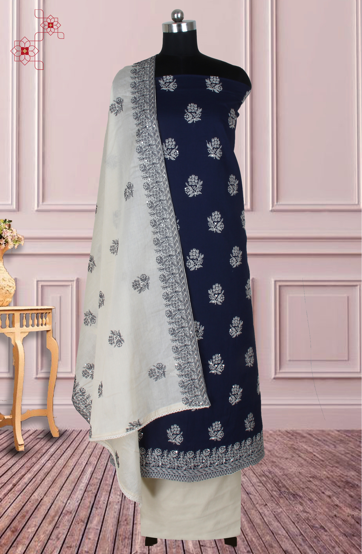 Blue Cotton Unstitched Embroidered Suit with Trendy Dupatta - 838-1480-2A